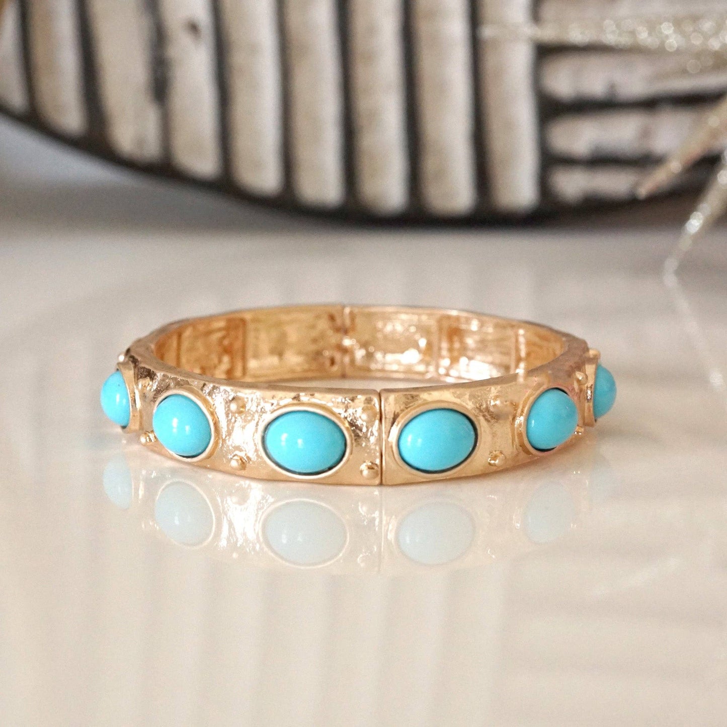 Classic Golden Stretchy Bangles – Pearl or Turquoise Accents: Turquoise