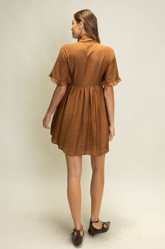 JOD1247 Crinkle Texture Mini Dress with Ruffle Neck Tie: COCOA / S-M-L (2-2-2)