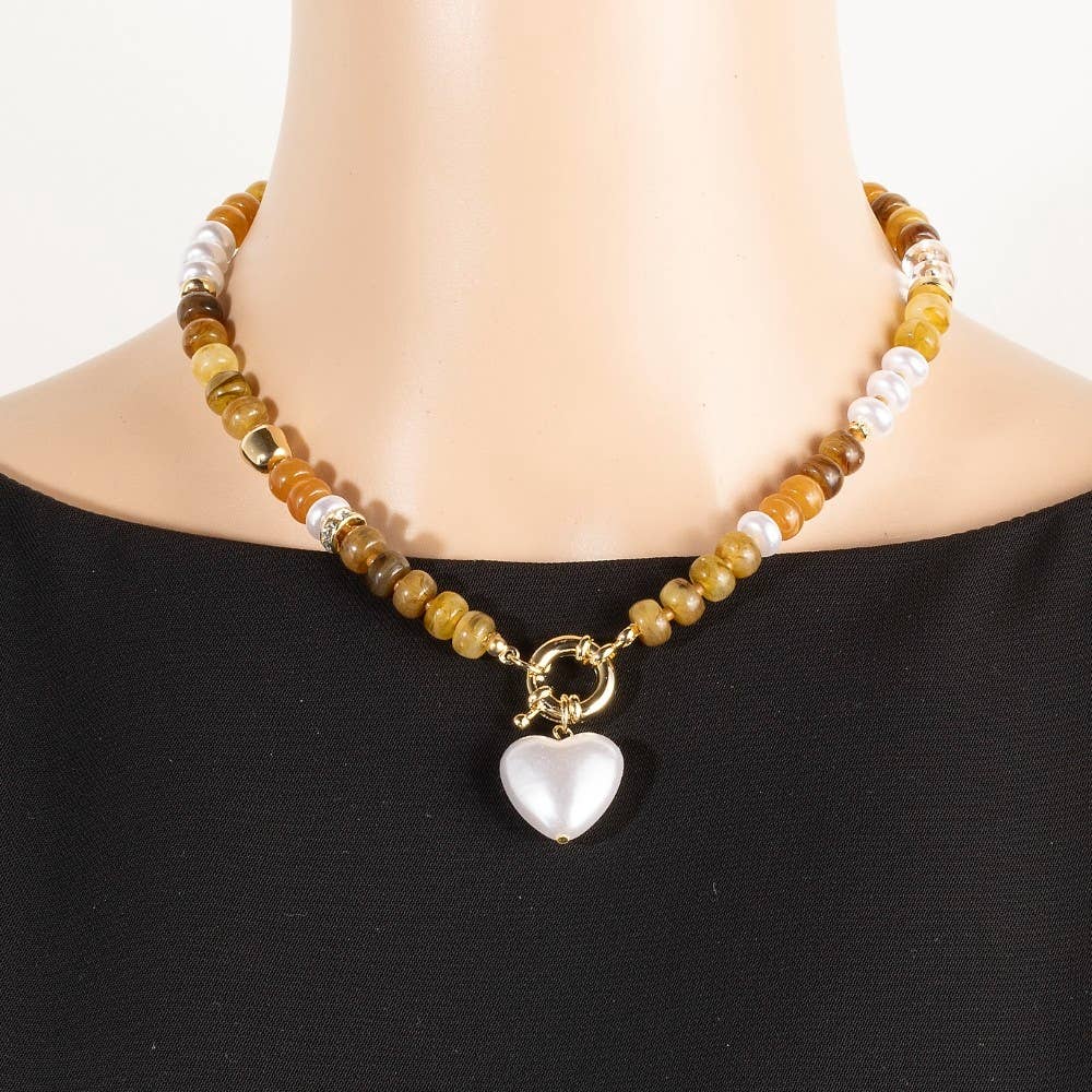 Pearl Heart Pendant Mixed Beaded Necklace: GDIVY