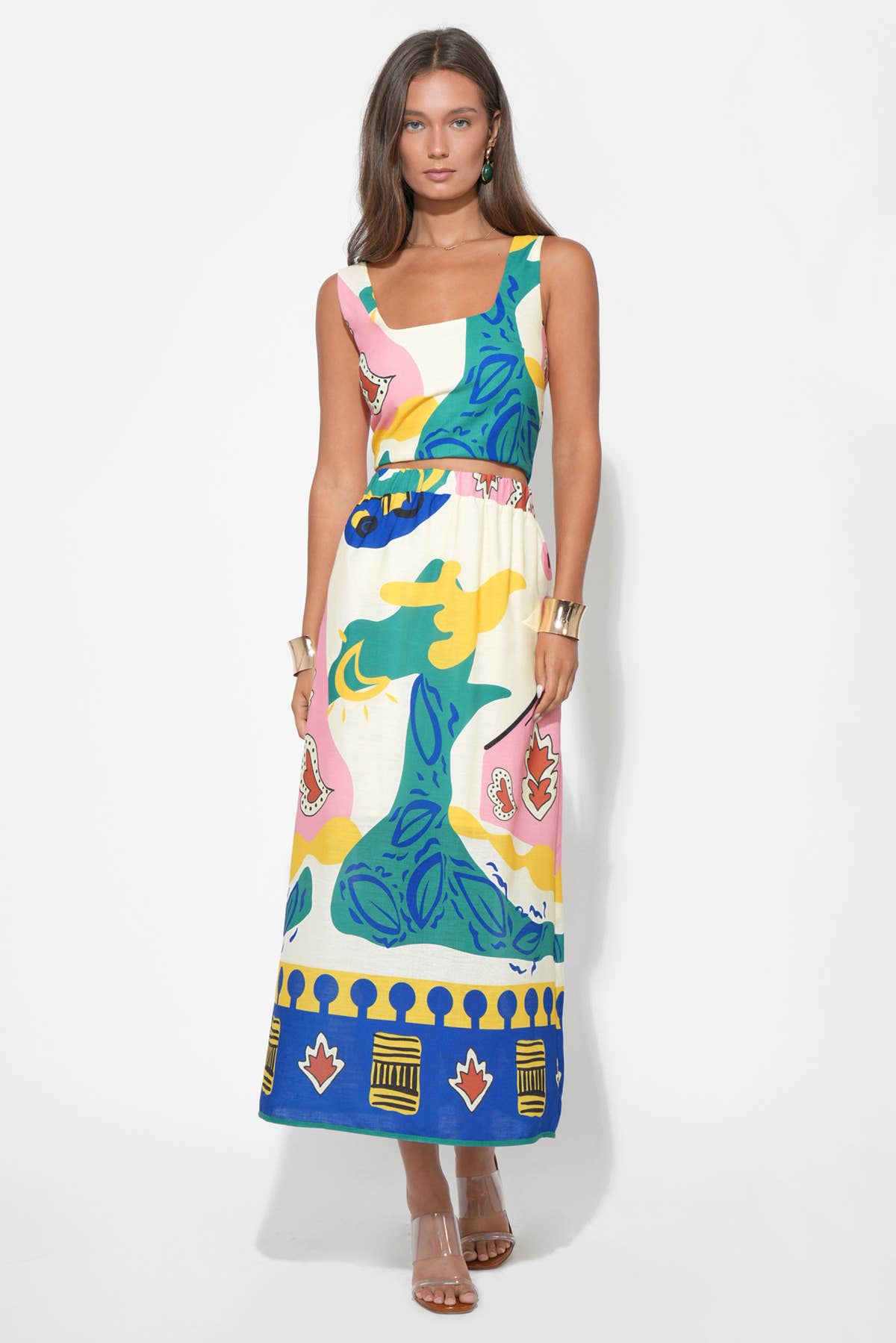 Kylie Square Neck Smocked Back Printed Top: Yellow/Bleu / M