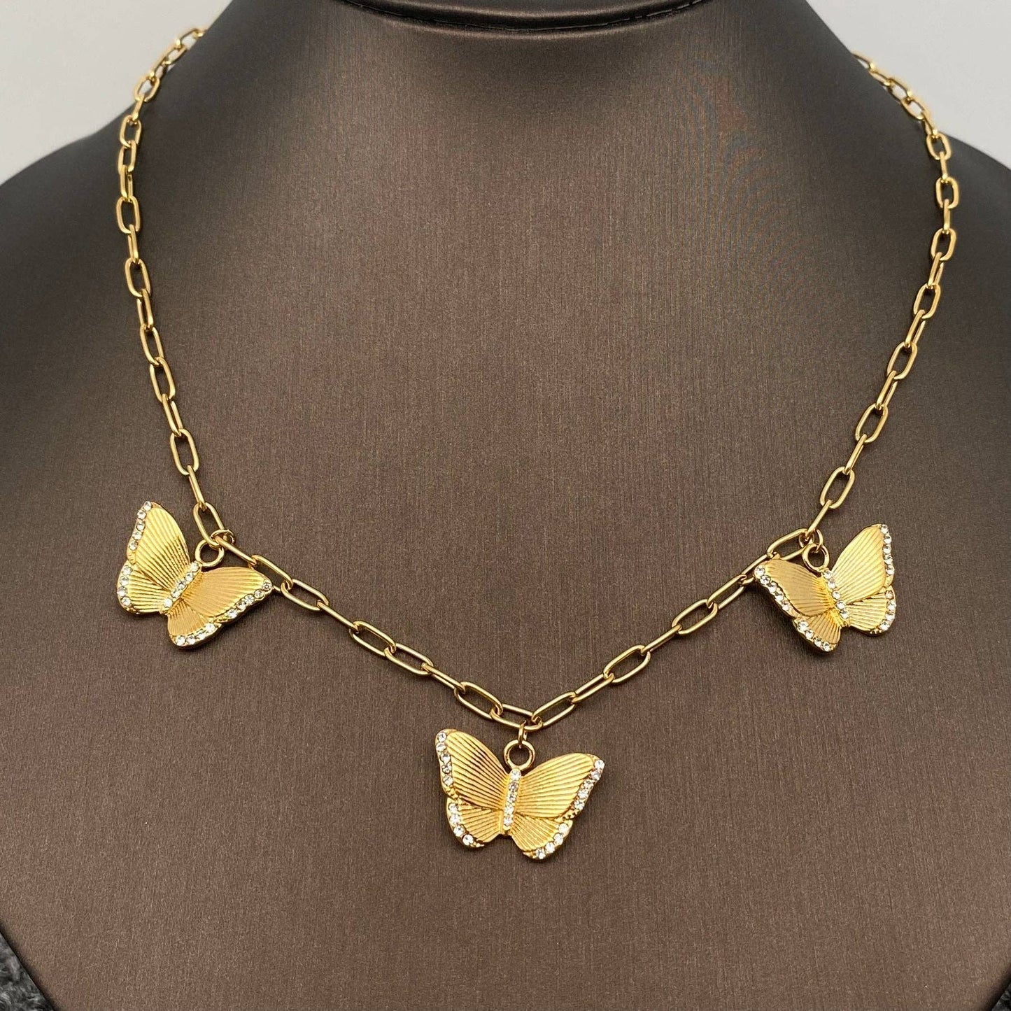 FGS- 3 Butterfly Charm Inlaid CZ 18K Gold Plated SS Necklace