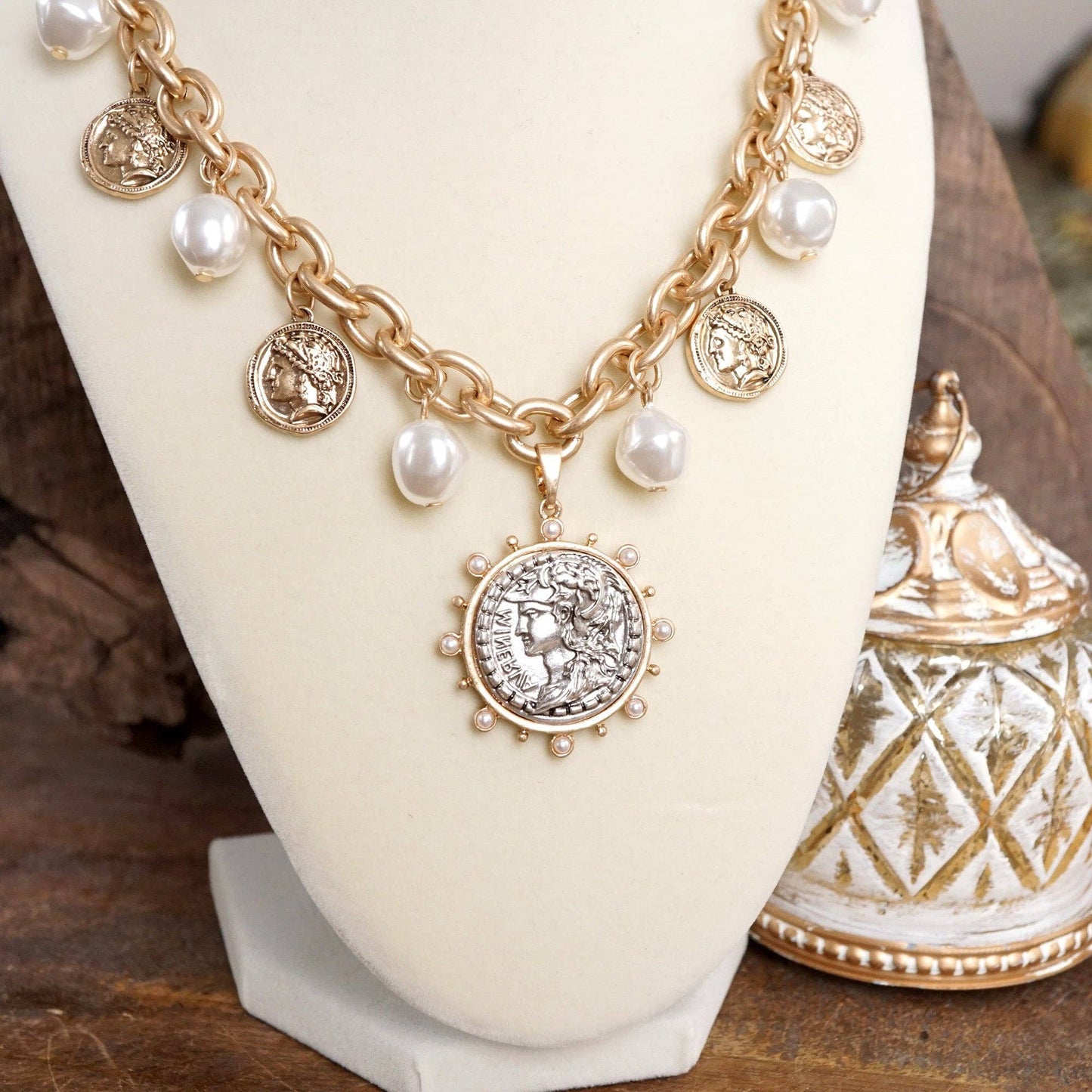 Boho Coin and Pearl Charms Statement Necklace – Gold and Silver Tone: Silver