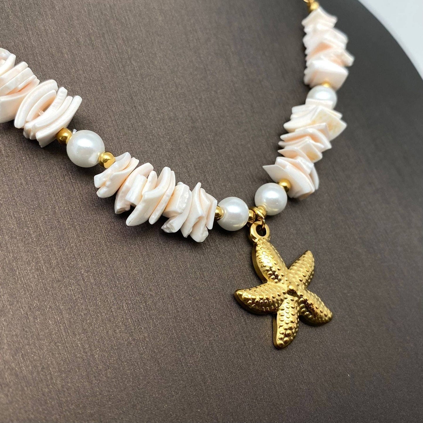 Starfish Charm Pearl & Shell Beaded 18K Golden Necklace -FGS