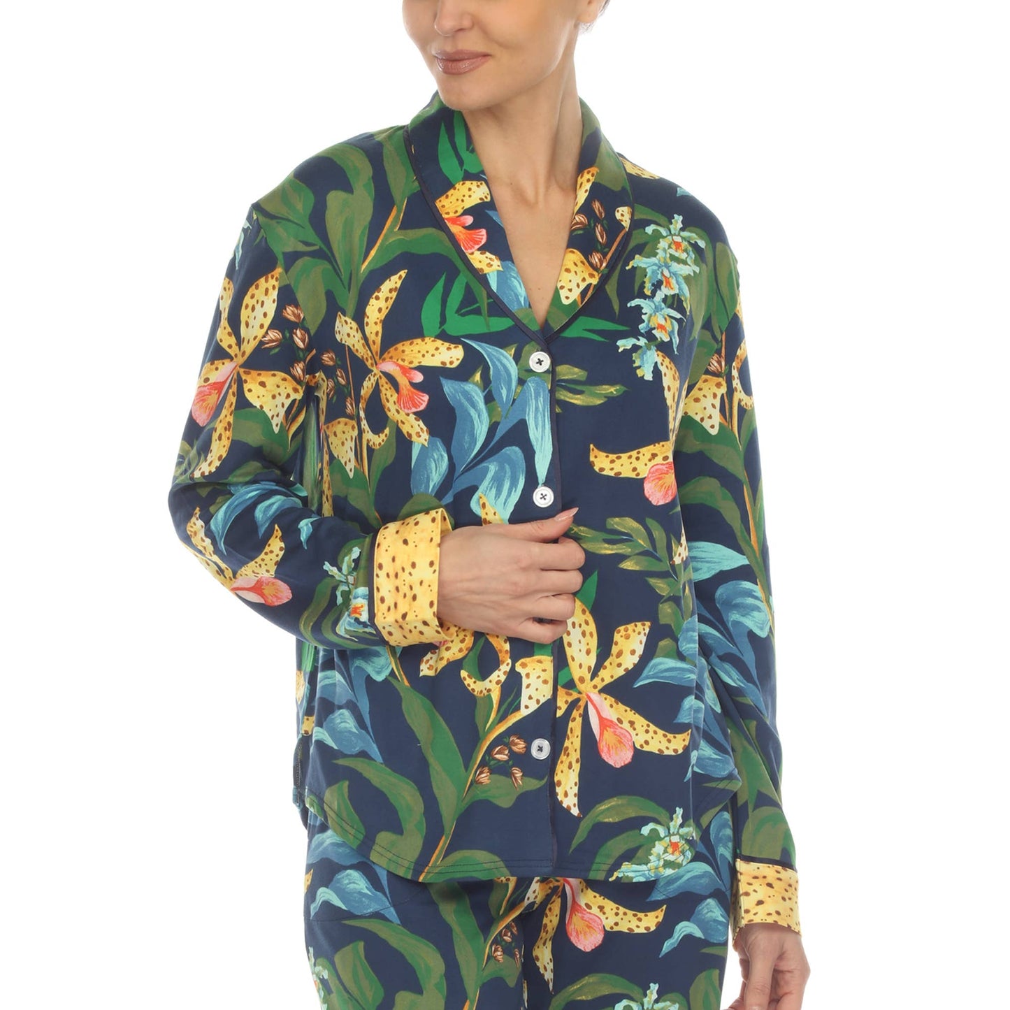 Women's Two Piece Wildflower Print Pajama Set: Navy / L