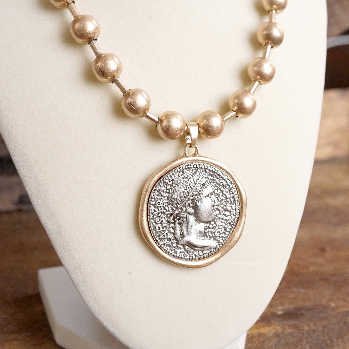 Coin Chunky Ball Chain Statement Necklace – Gold and Silver Tone: Gold
