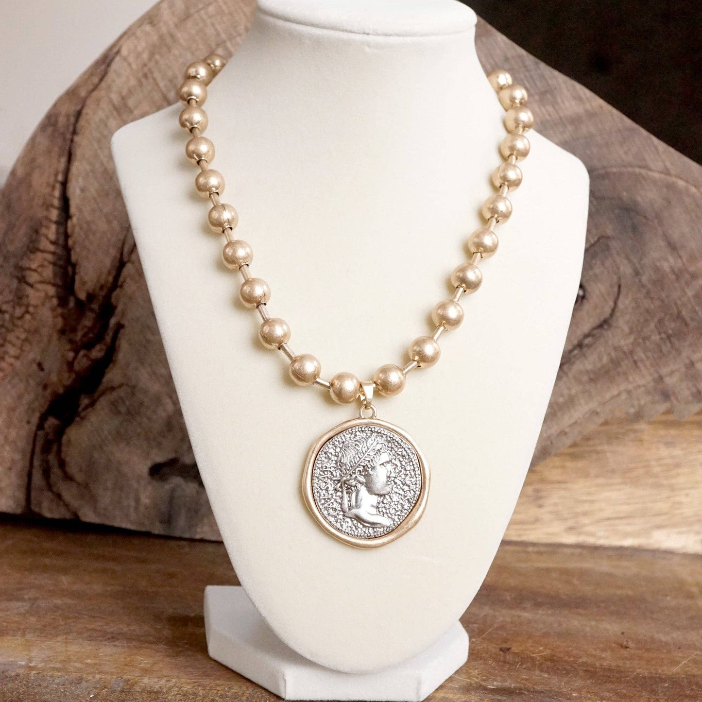 Coin Chunky Ball Chain Statement Necklace – Gold and Silver Tone: Gold