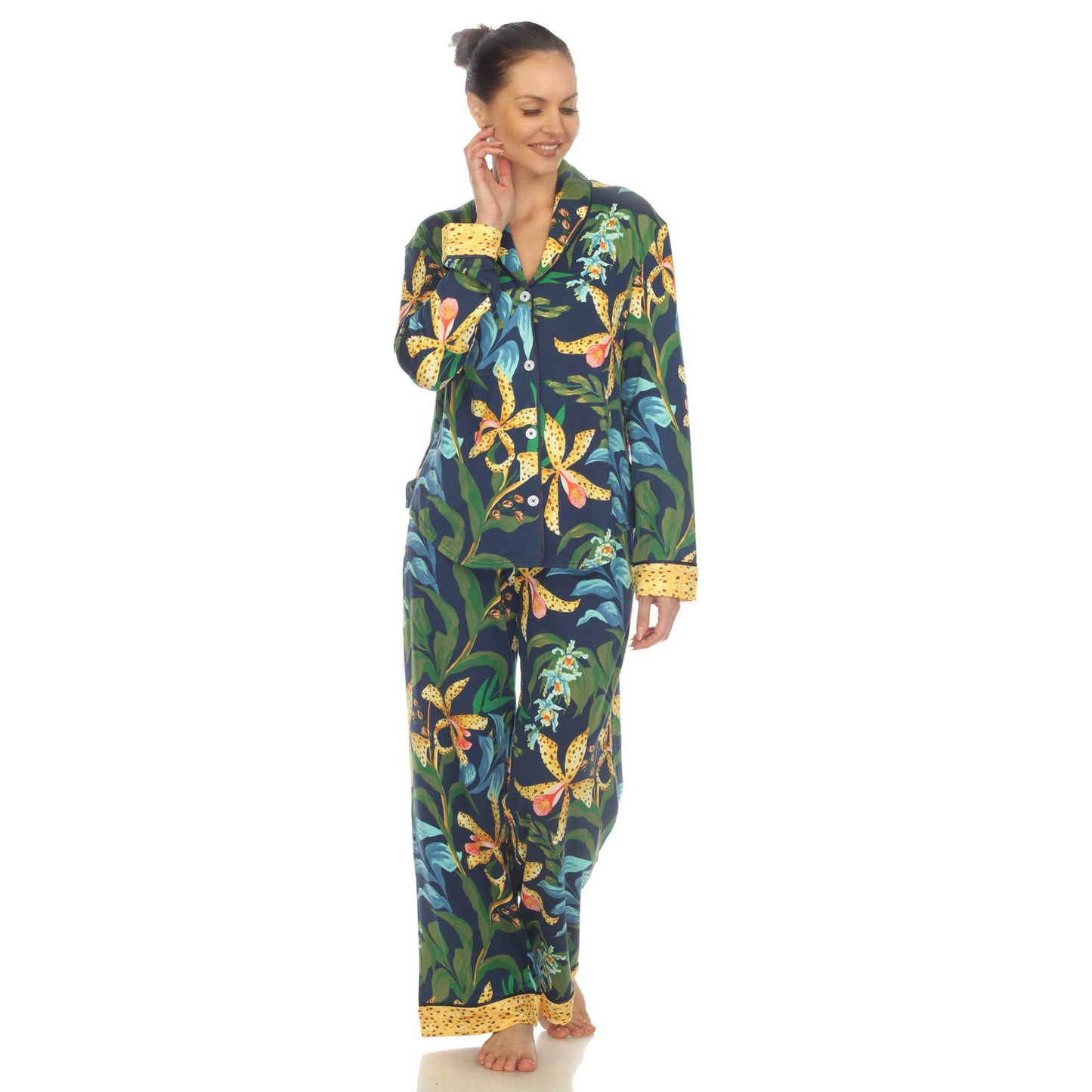 Women's Two Piece Wildflower Print Pajama Set: Navy / M