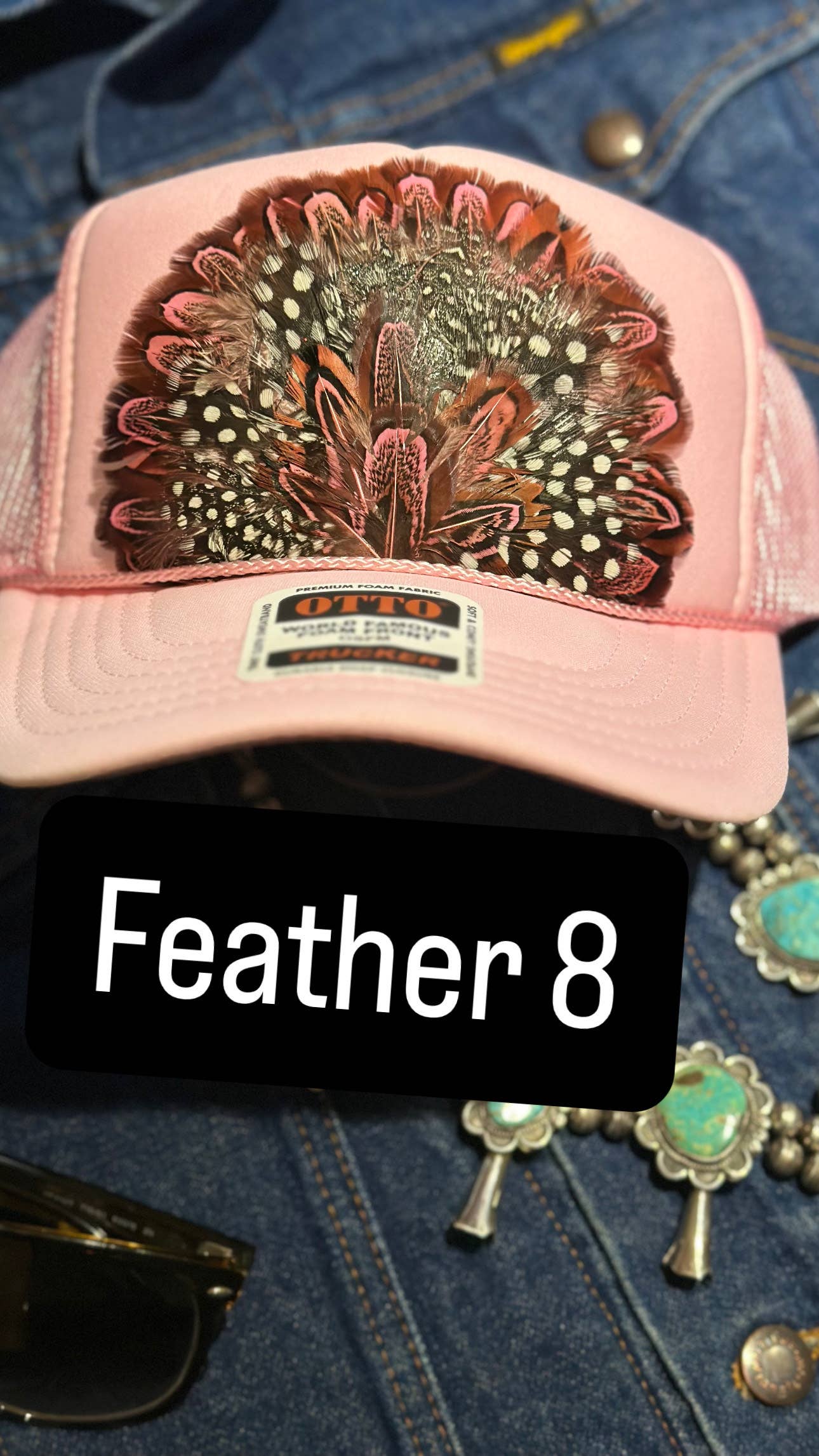 LIGHT PINK FEATHER TRUCKER HAT: No Faux Turquoise / Feather 9