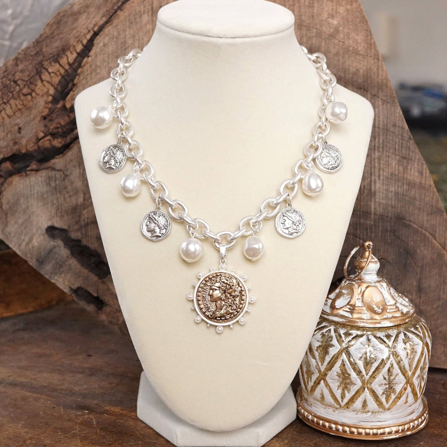 Boho Coin and Pearl Charms Statement Necklace – Gold and Silver Tone: Silver