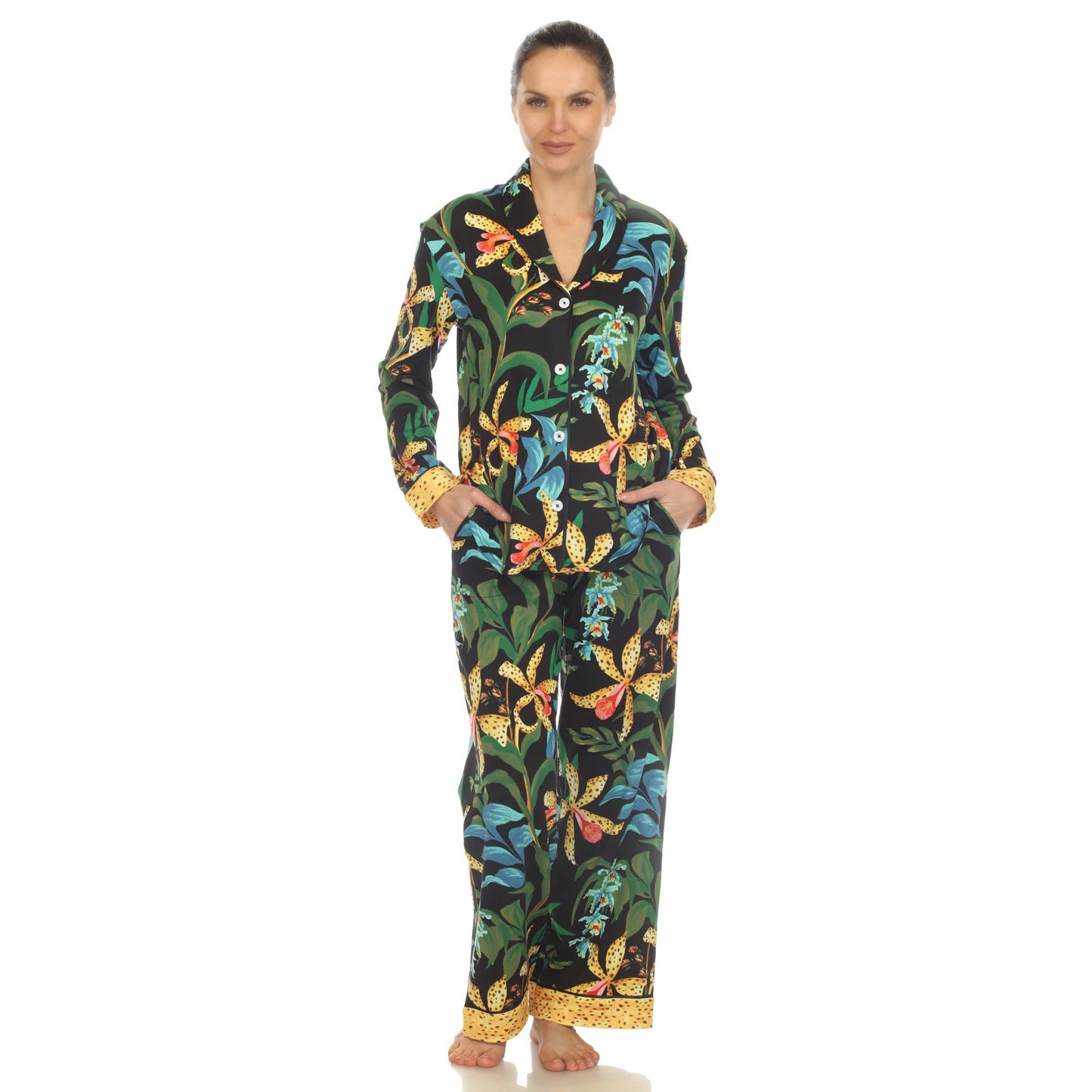 Women's Two Piece Wildflower Print Pajama Set: Navy / L