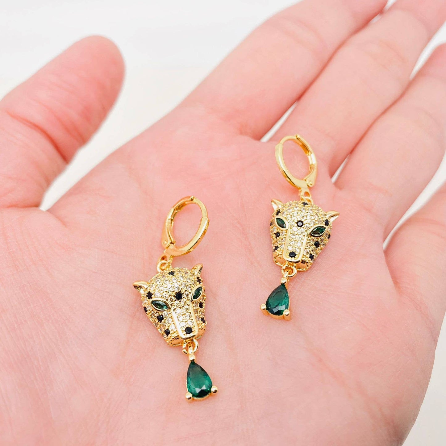 Green Eye Cubic Zirconia Gold Leopard Head Huggie Earrings
