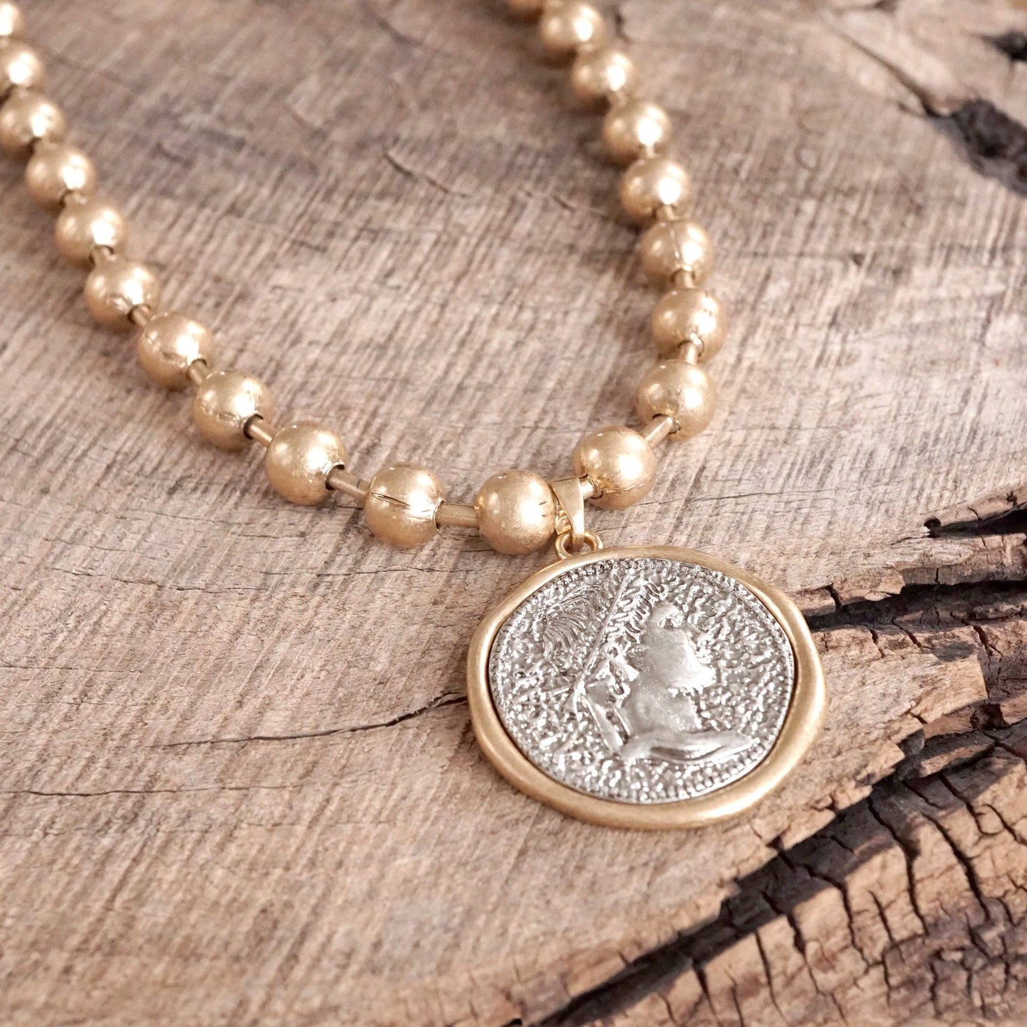 Coin Chunky Ball Chain Statement Necklace – Gold and Silver Tone: Gold