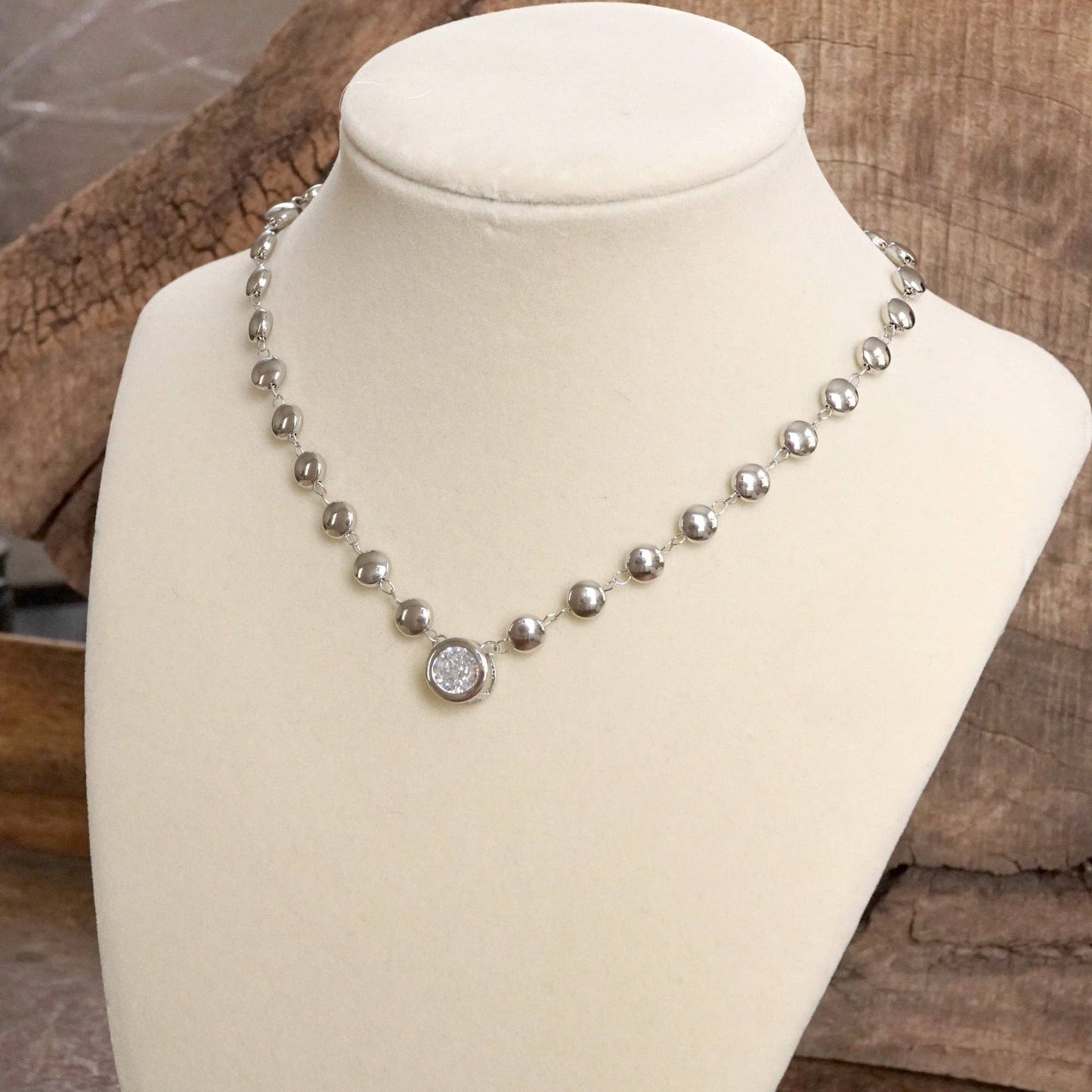 Clear Crystal Bezel Pendant Dot Chain Neckline Necklace: Silver Tone