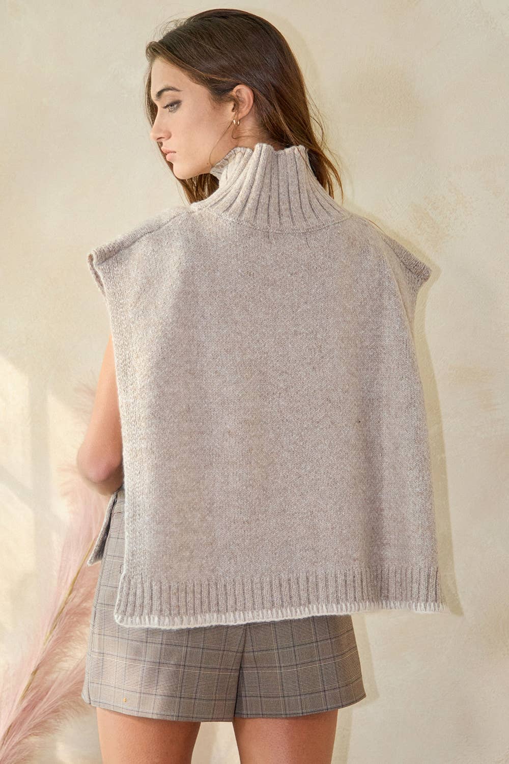IT2435 Cable Knit Chunky Poncho Sweater Top: TAUPE / S-M-L (2-2-2)