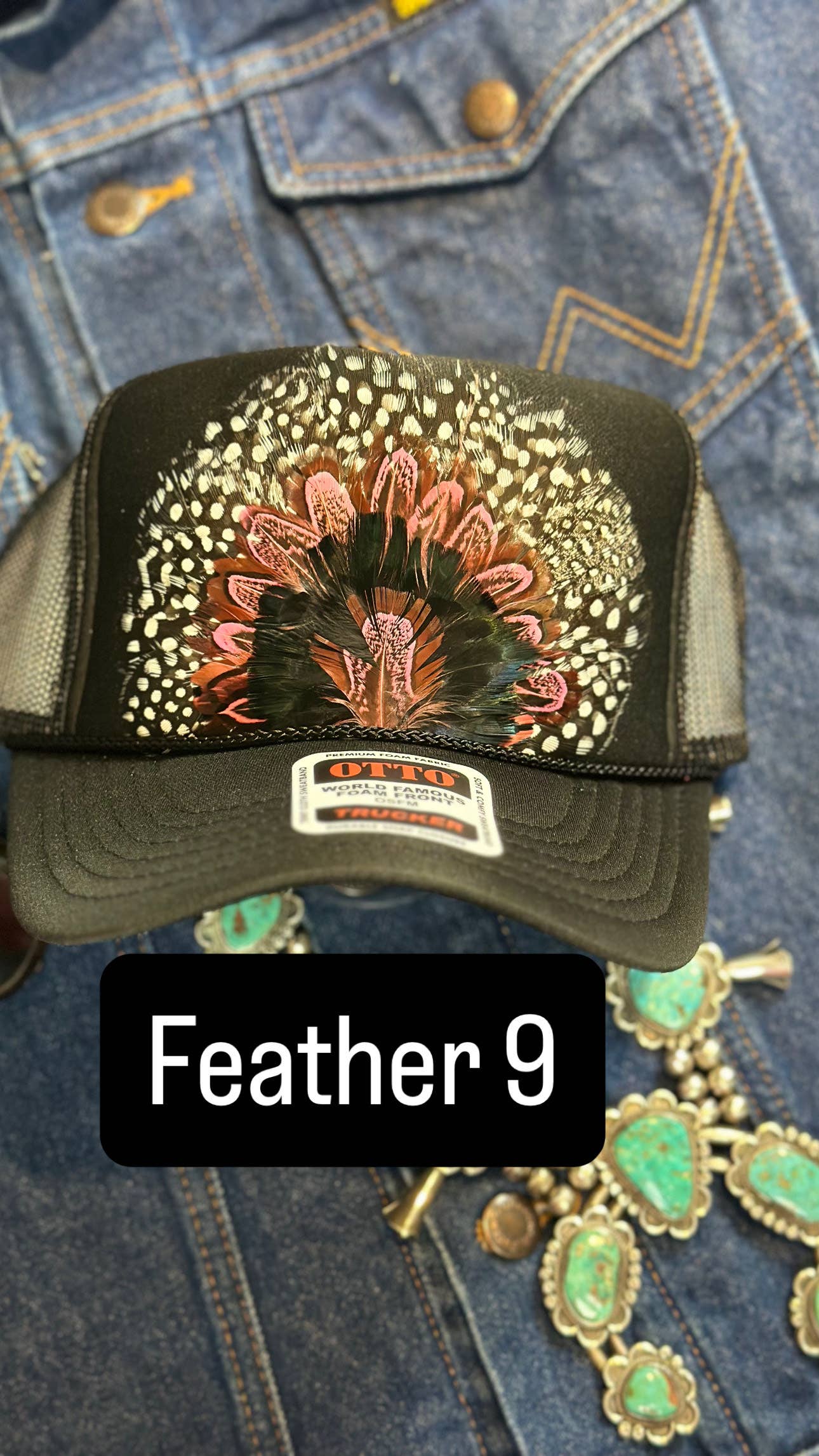 BLACK FEATHER TRUCKER HAT: With Faux Turquoise / Feather 8