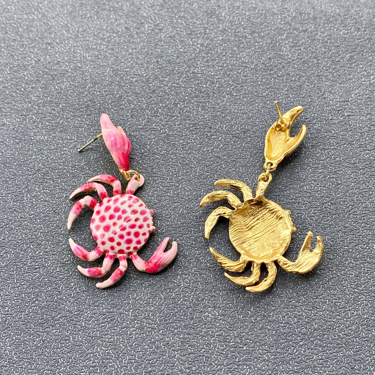Pink Enamel Crab Charm Post Earrings