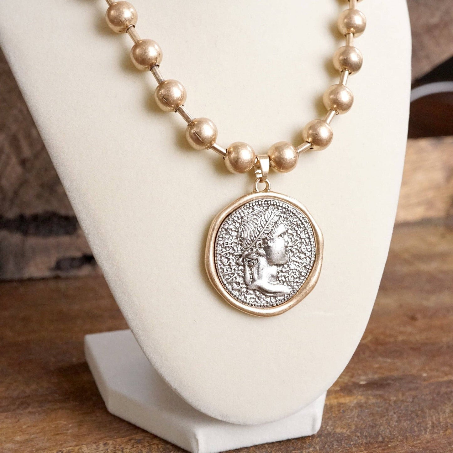 Coin Chunky Ball Chain Statement Necklace – Gold and Silver Tone: Gold