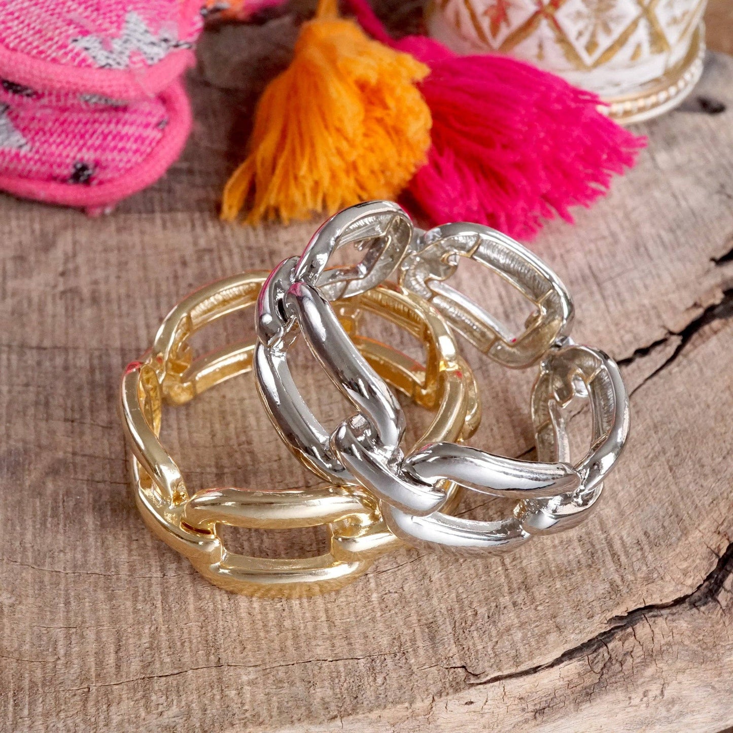 Chunky Chain Statement Stretchy Bangle Bracelet in gold or silver tone: Gold Tone