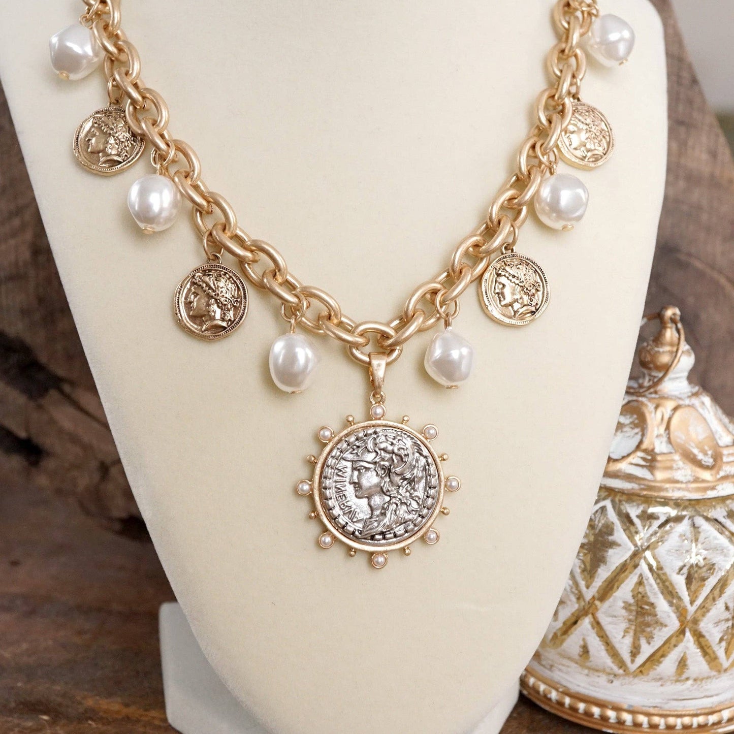 Boho Coin and Pearl Charms Statement Necklace – Gold and Silver Tone: Silver