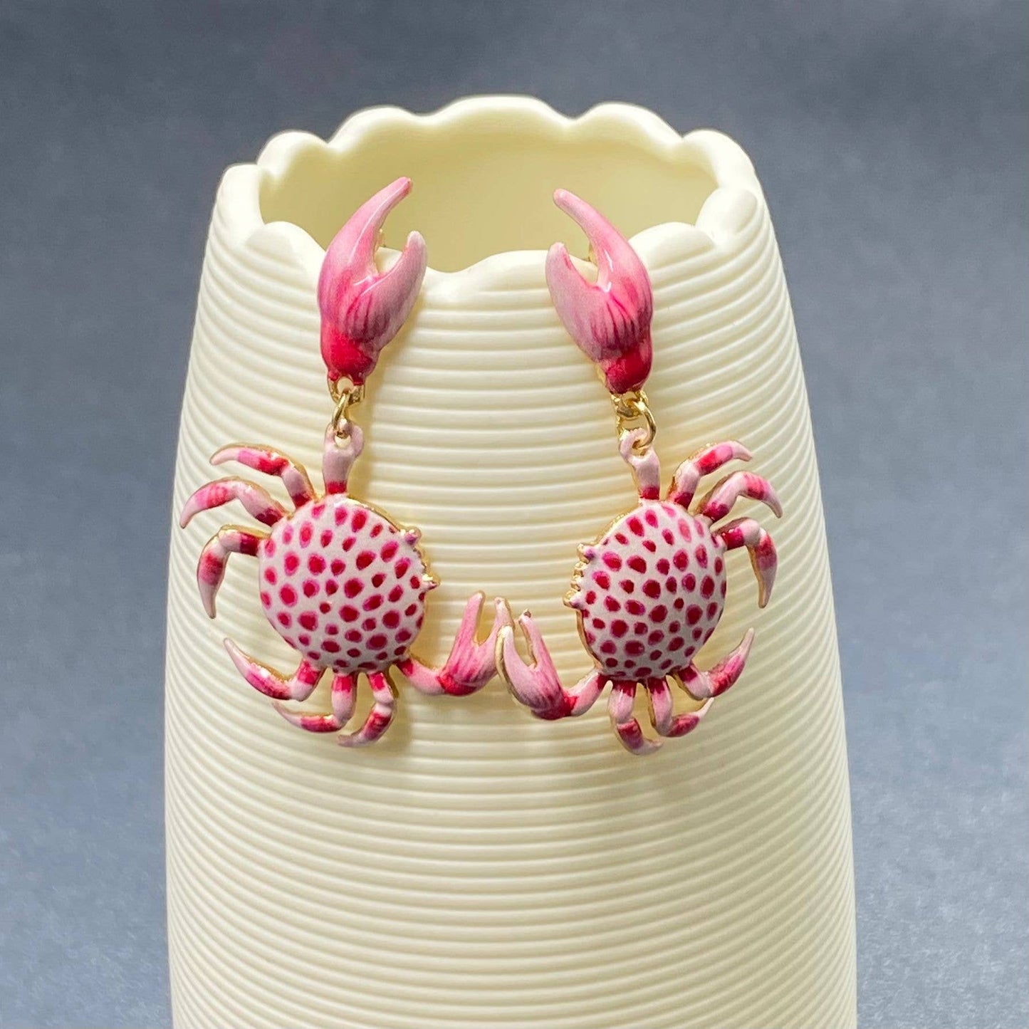 Pink Enamel Crab Charm Post Earrings