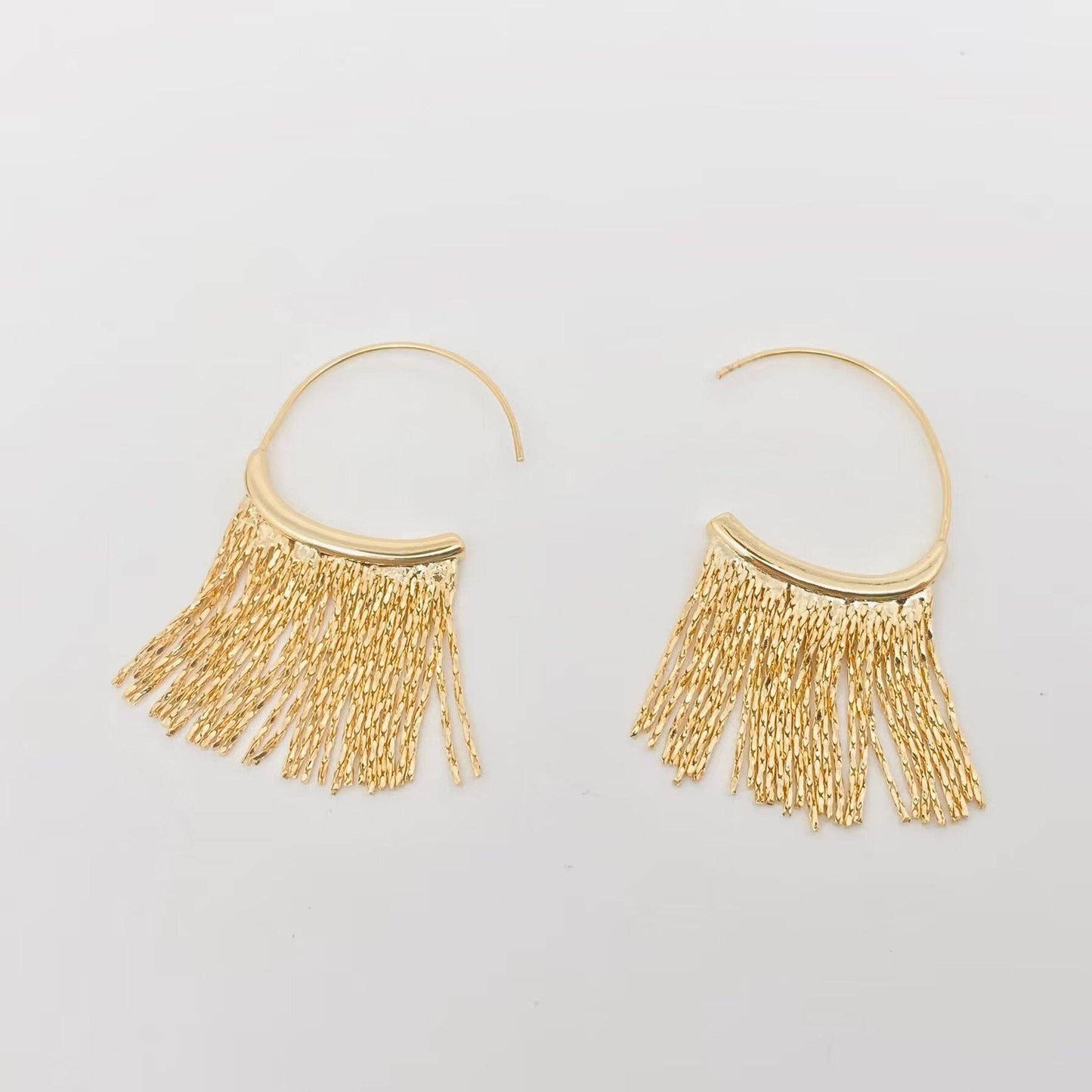 Gold Plated Metal Chain Tassel Hoop Earrings