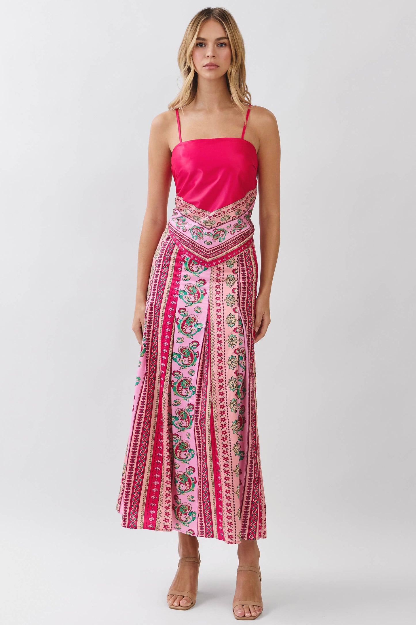 CS4057-Border Print Side Zipper Maxi Skirt: Fuchsia / M