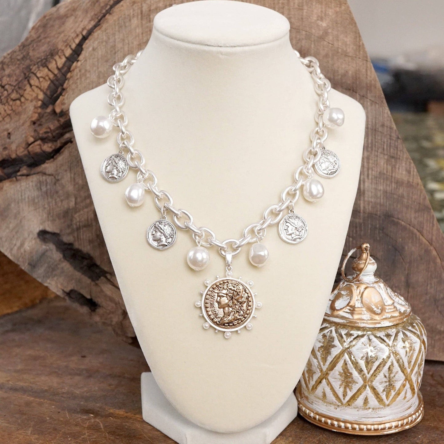 Boho Coin and Pearl Charms Statement Necklace – Gold and Silver Tone: Silver