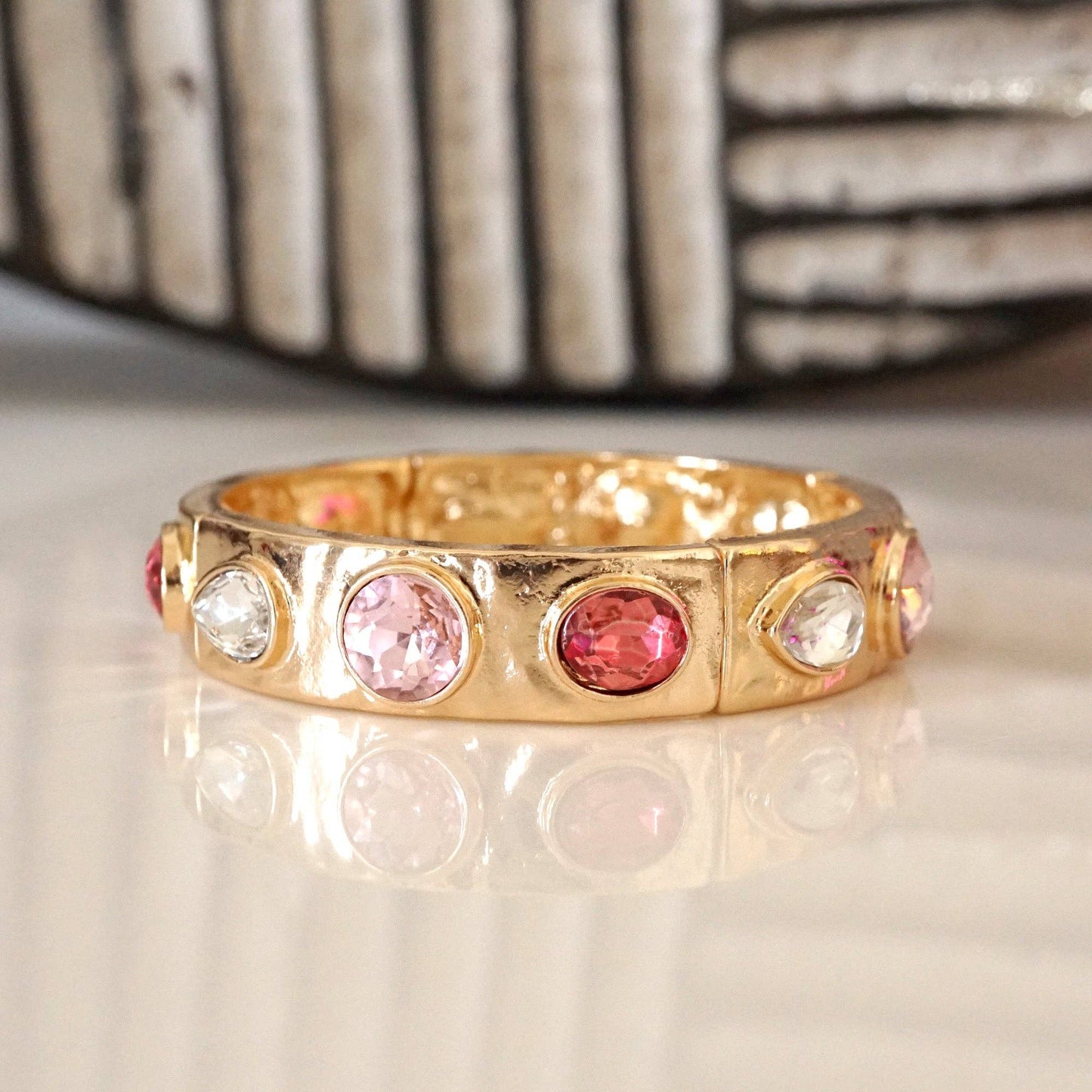 Sparkly Crystal Stretch Bangles – Gold Tone with Color Options: Neutrals