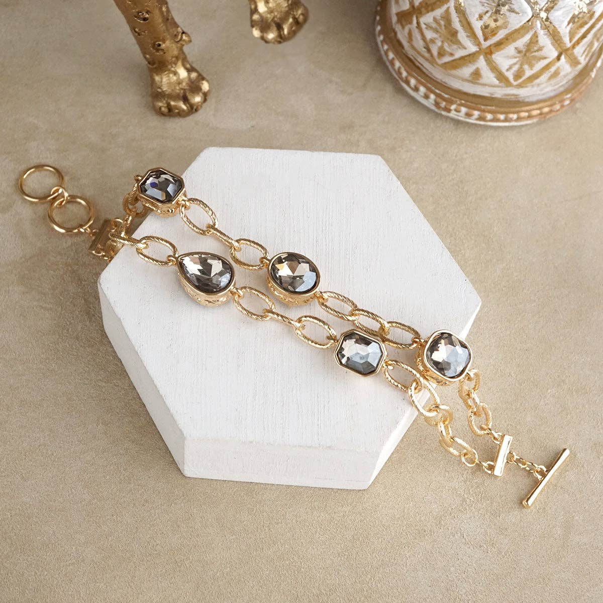 Brilliant Bond – Statement Chain Bracelets with Reflective Crystals: Double strand - Gray crystals