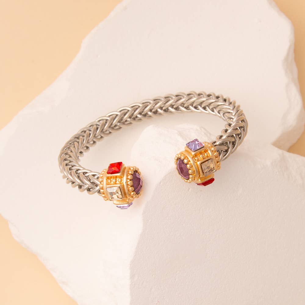Twisted Metal Cuff Bracelet with Gold Tone Crystal Cap Ends: Gold Clear