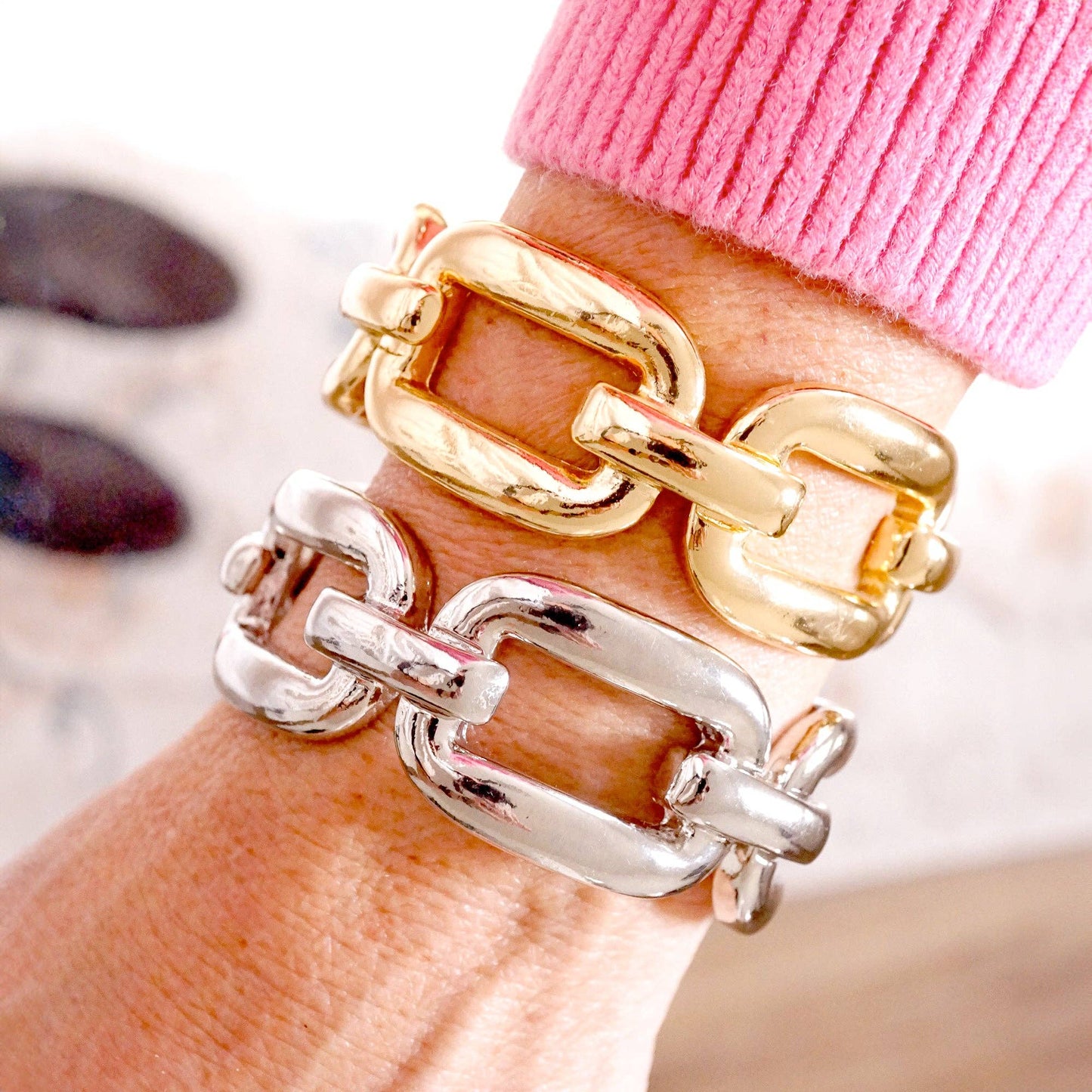 Chunky Chain Statement Stretchy Bangle Bracelet in gold or silver tone: Gold Tone