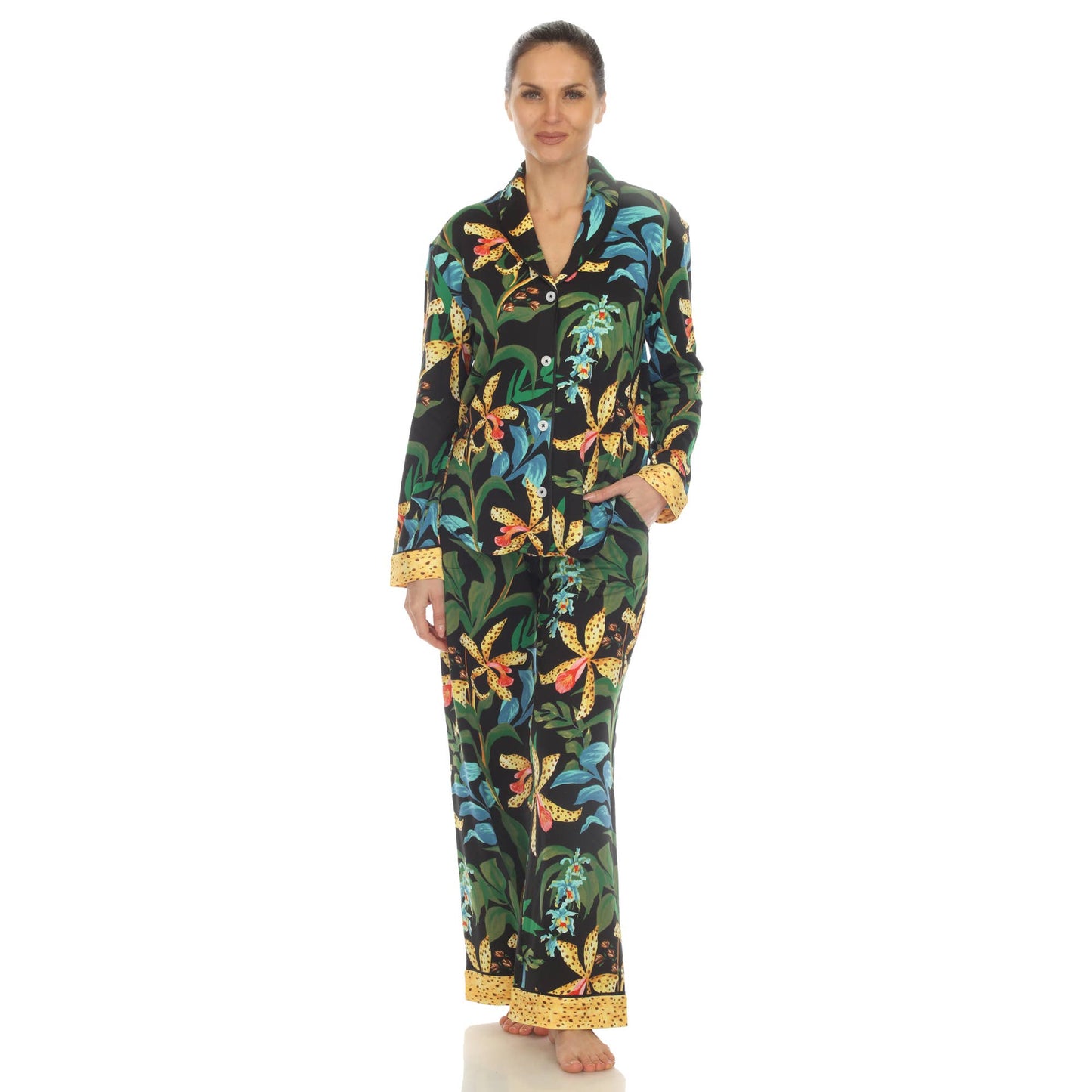 Women's Two Piece Wildflower Print Pajama Set: Navy / XL