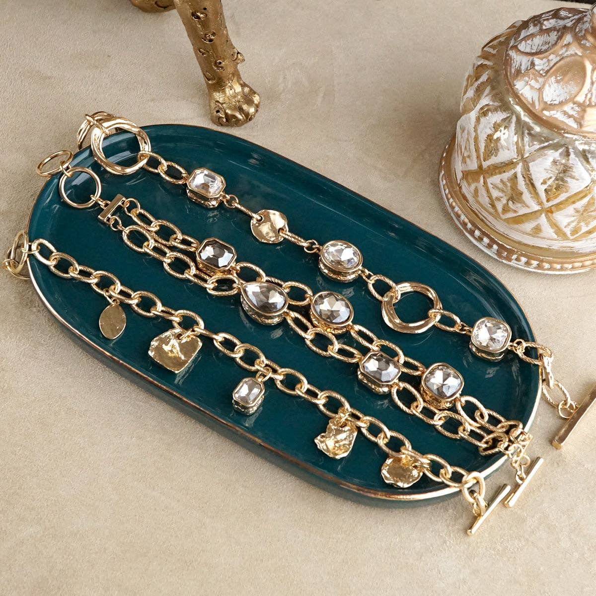 Brilliant Bond – Statement Chain Bracelets with Reflective Crystals: Double strand - Gray crystals