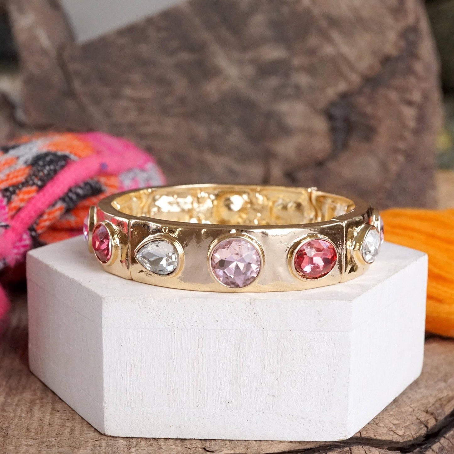Sparkly Crystal Stretch Bangles – Gold Tone with Color Options: Neutrals