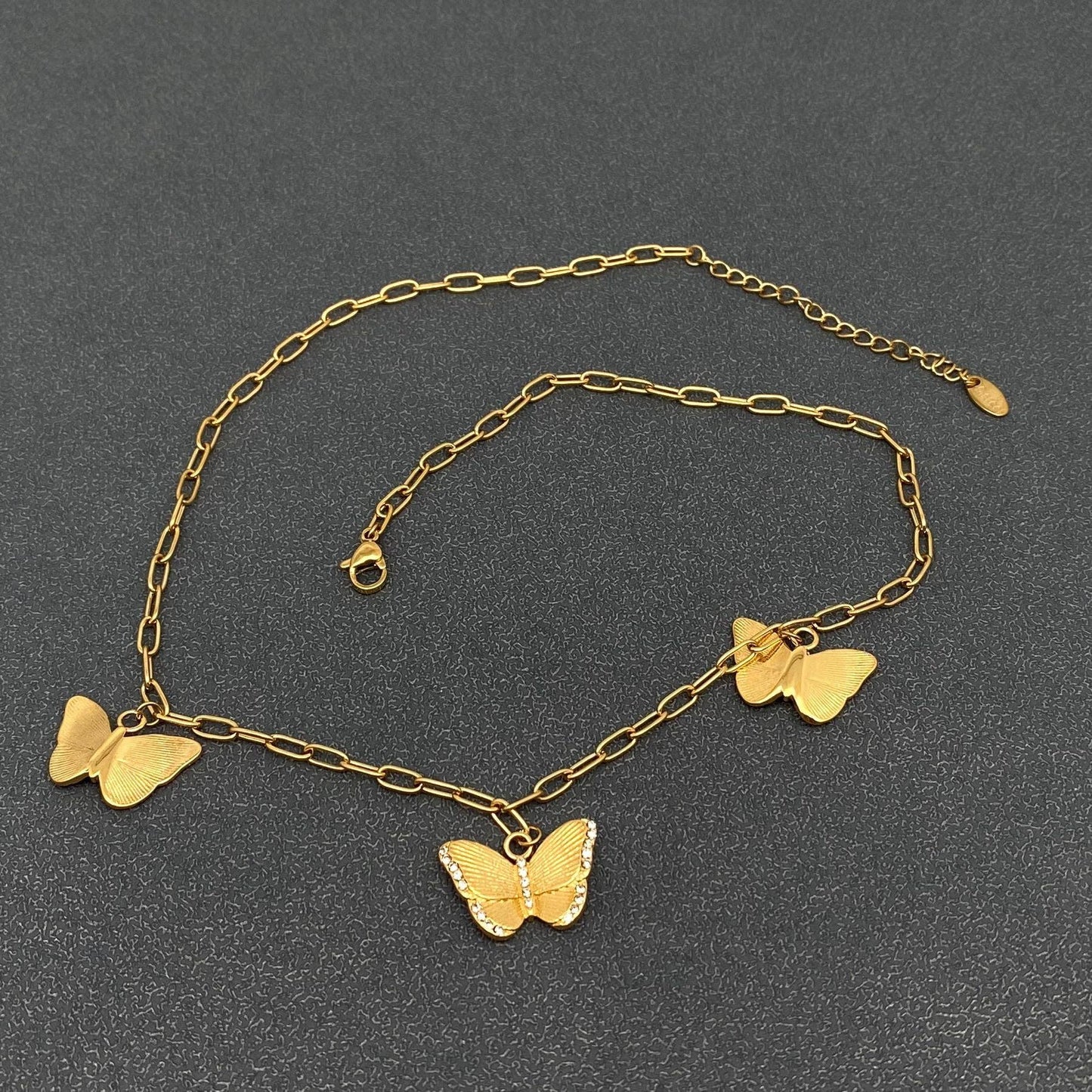 FGS- 3 Butterfly Charm Inlaid CZ 18K Gold Plated SS Necklace