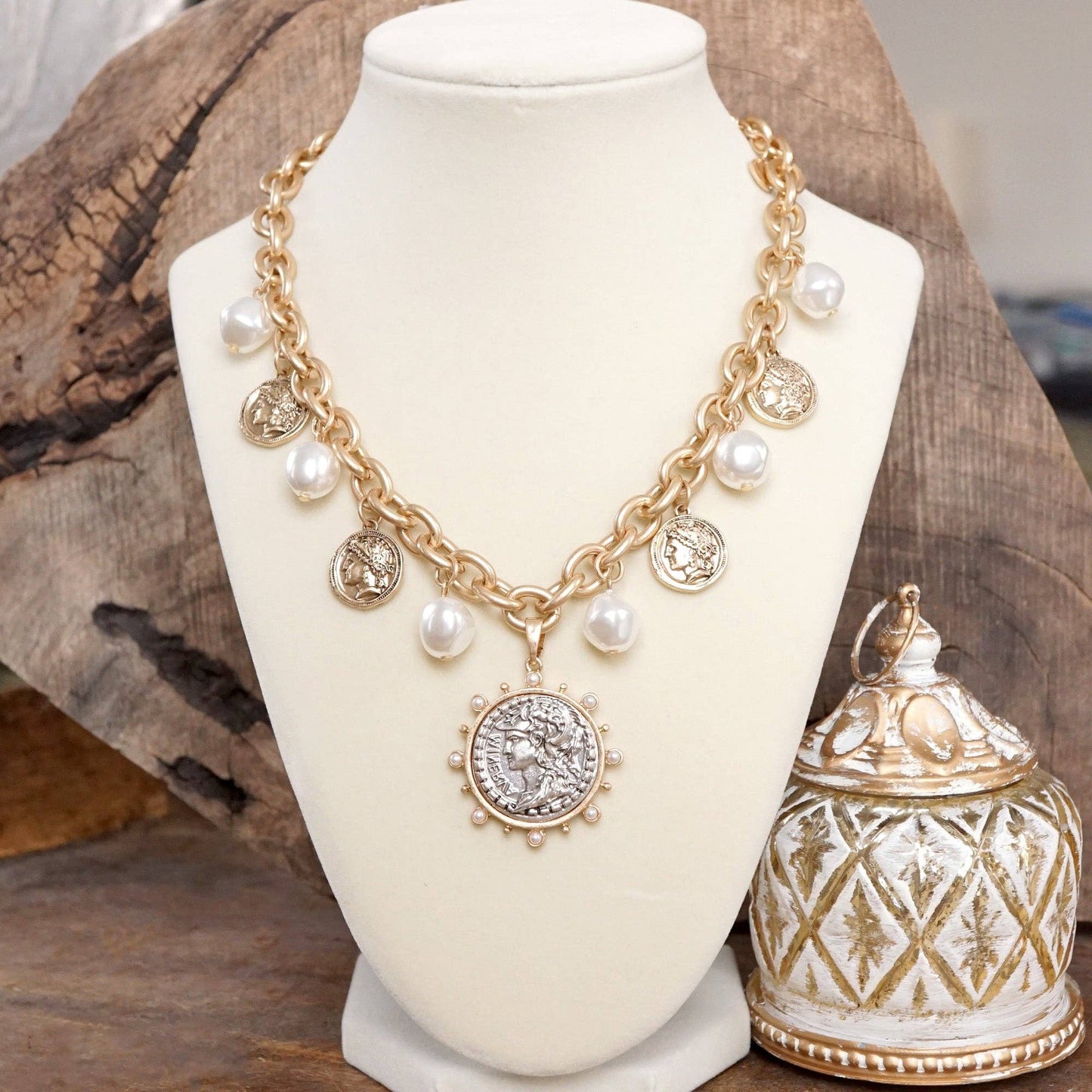 Boho Coin and Pearl Charms Statement Necklace – Gold and Silver Tone: Silver