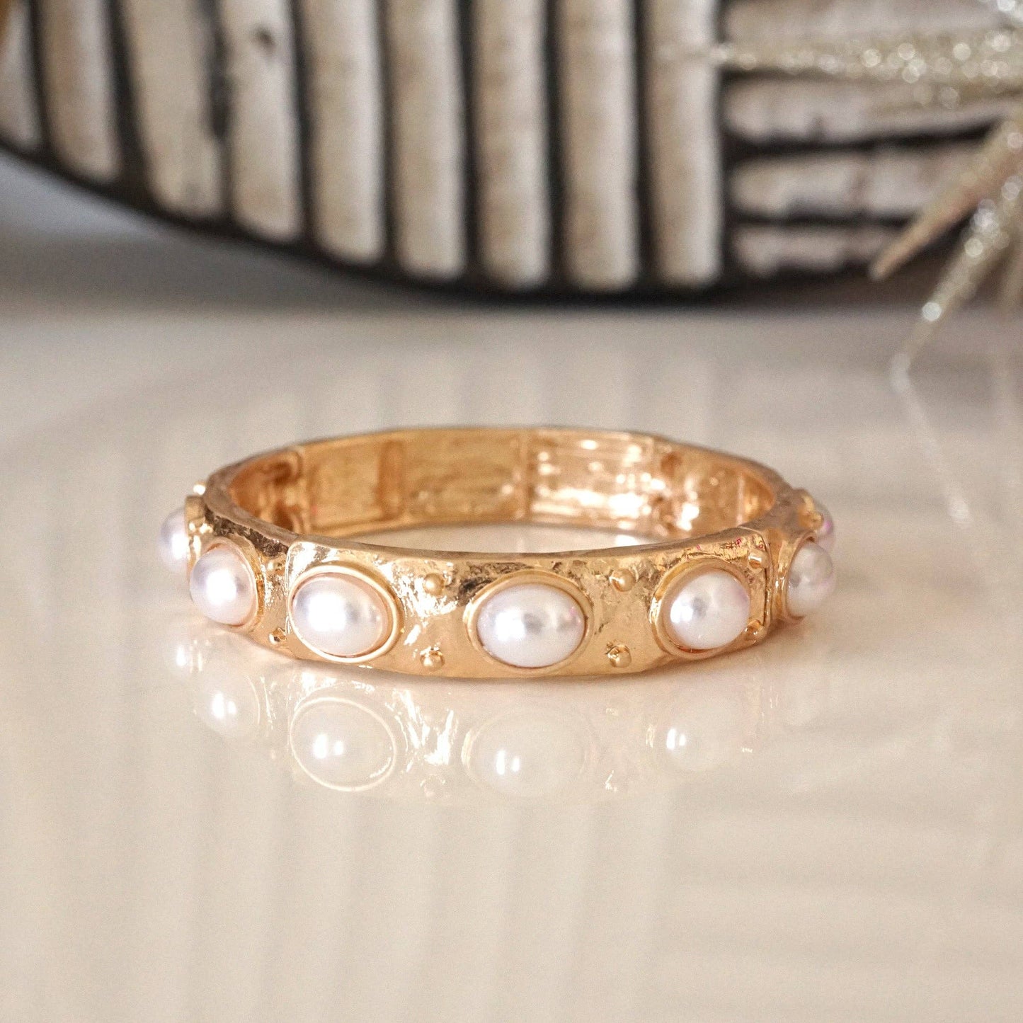 Classic Golden Stretchy Bangles – Pearl or Turquoise Accents: Turquoise
