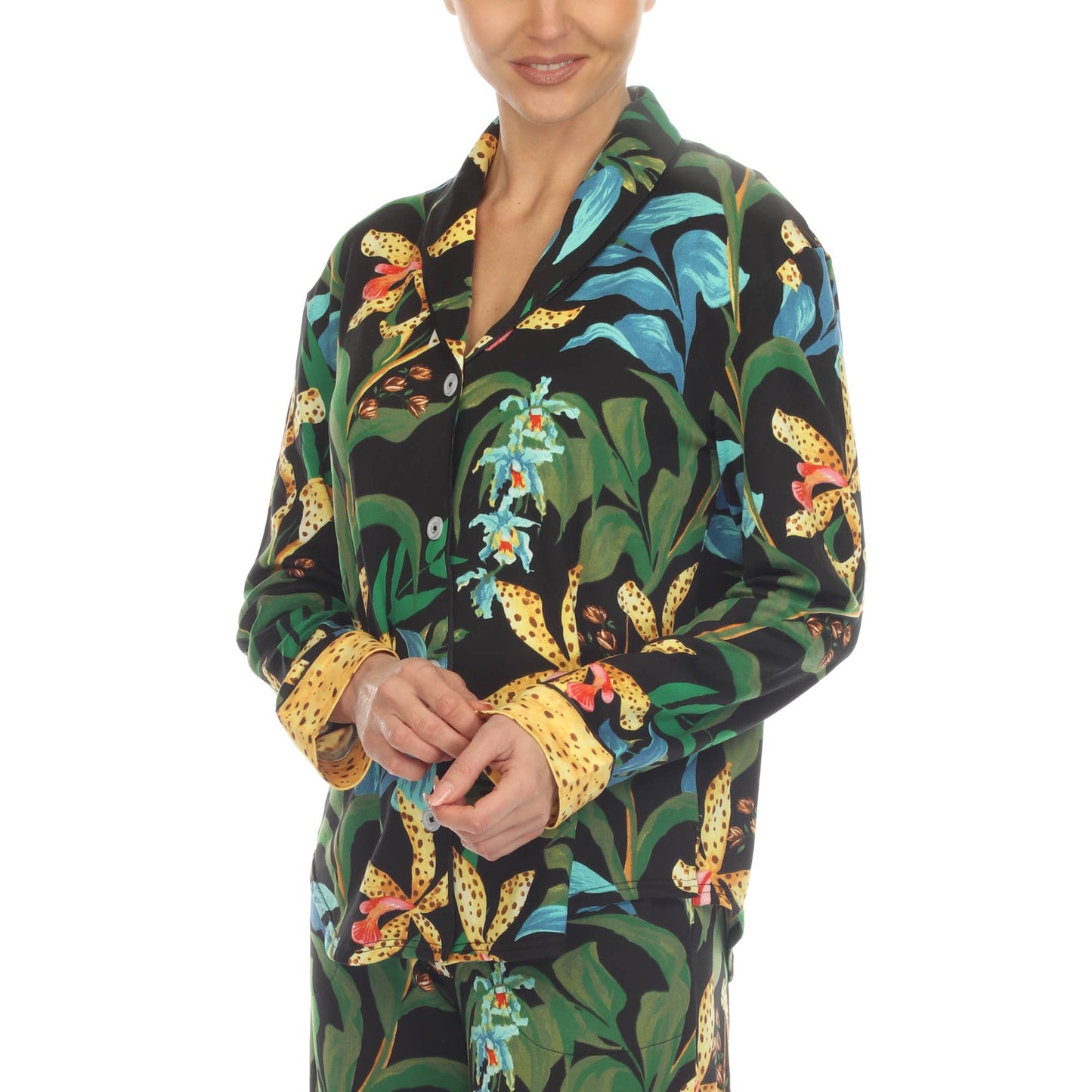 Women's Two Piece Wildflower Print Pajama Set: Navy / L