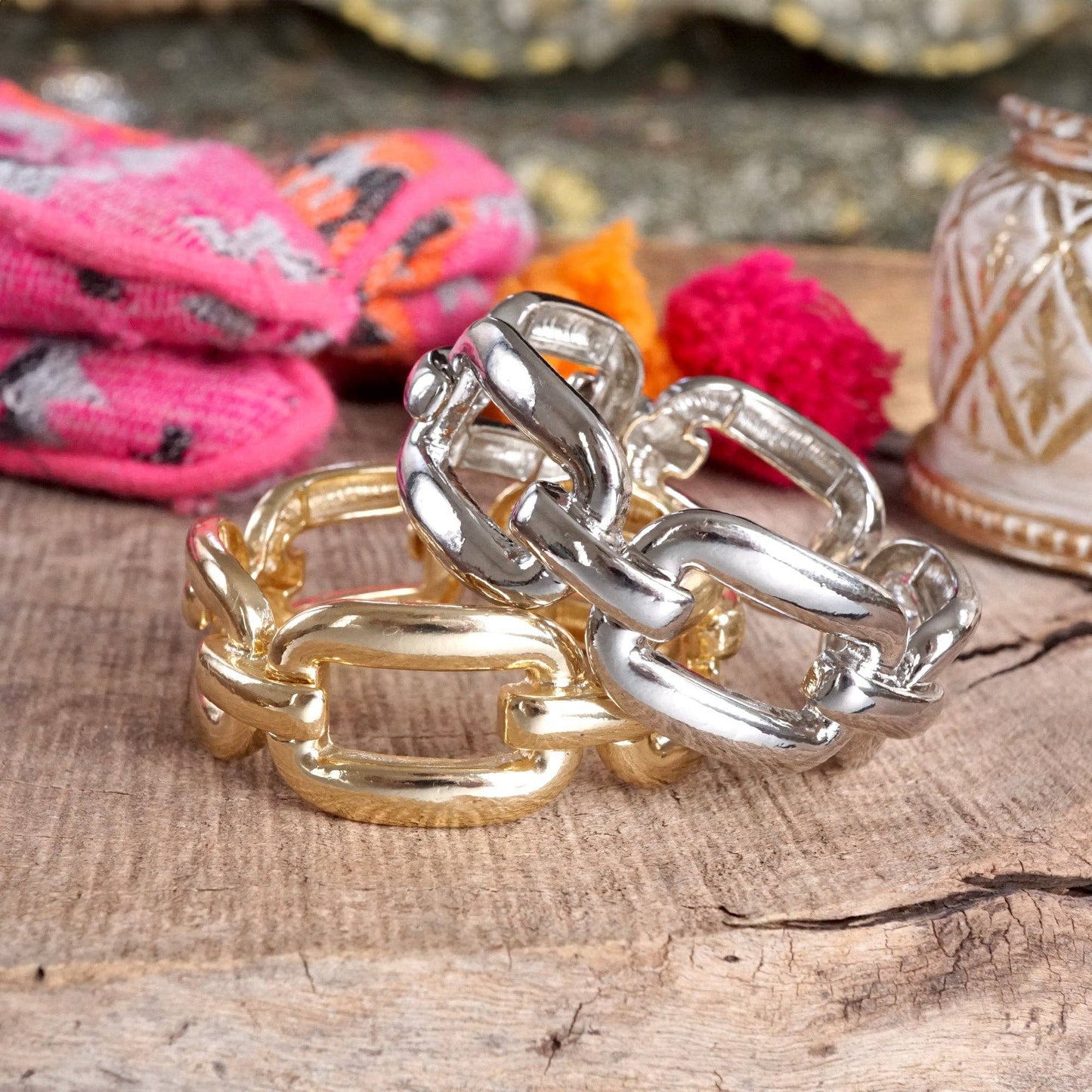 Chunky Chain Statement Stretchy Bangle Bracelet in gold or silver tone: Gold Tone