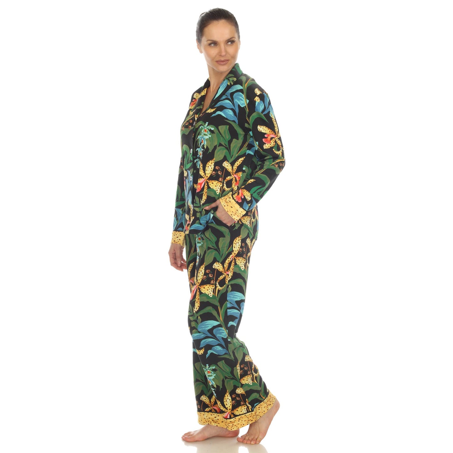 Women's Two Piece Wildflower Print Pajama Set: Navy / L