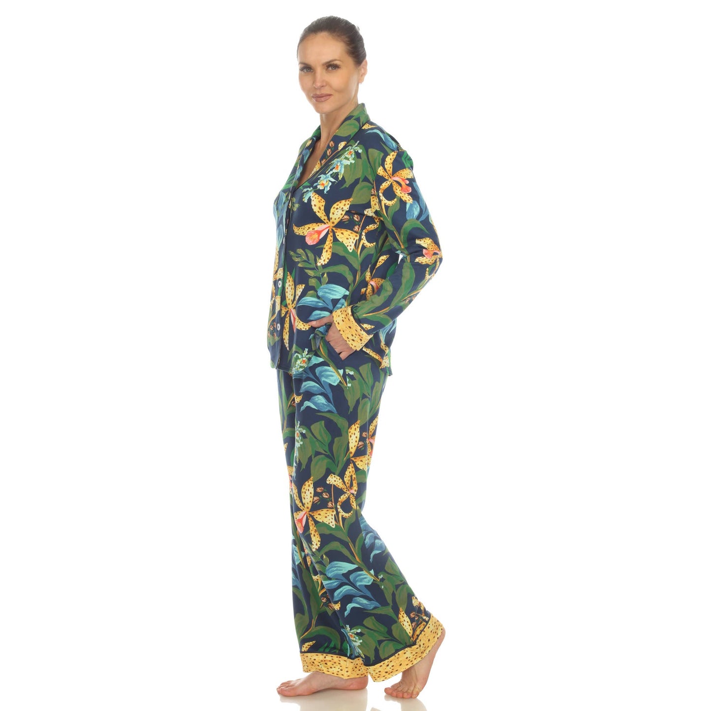 Women's Two Piece Wildflower Print Pajama Set: Navy / M