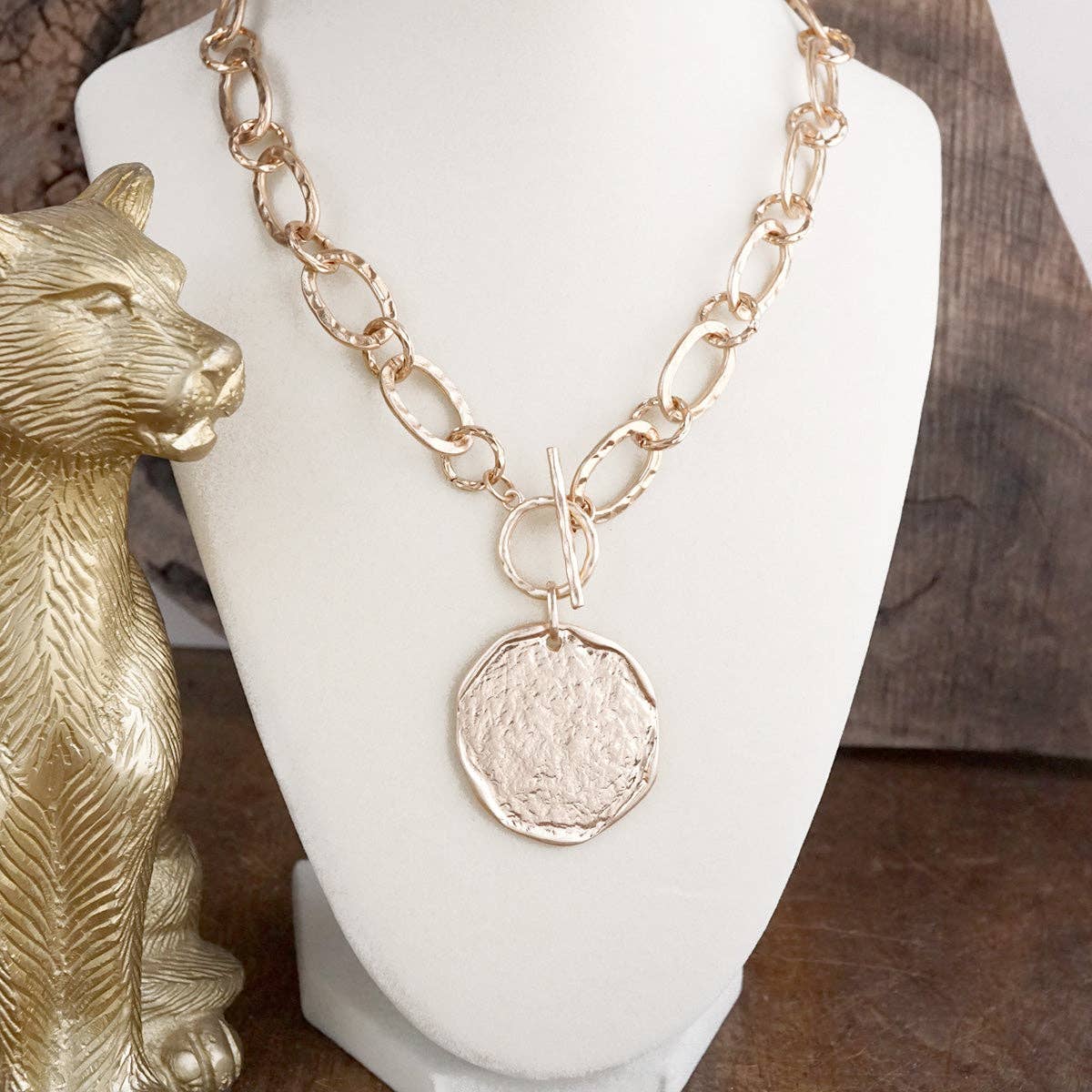 Nomad Glow – Front Toggle Statement Necklace with Hammered Disc: Worn Silver Tone