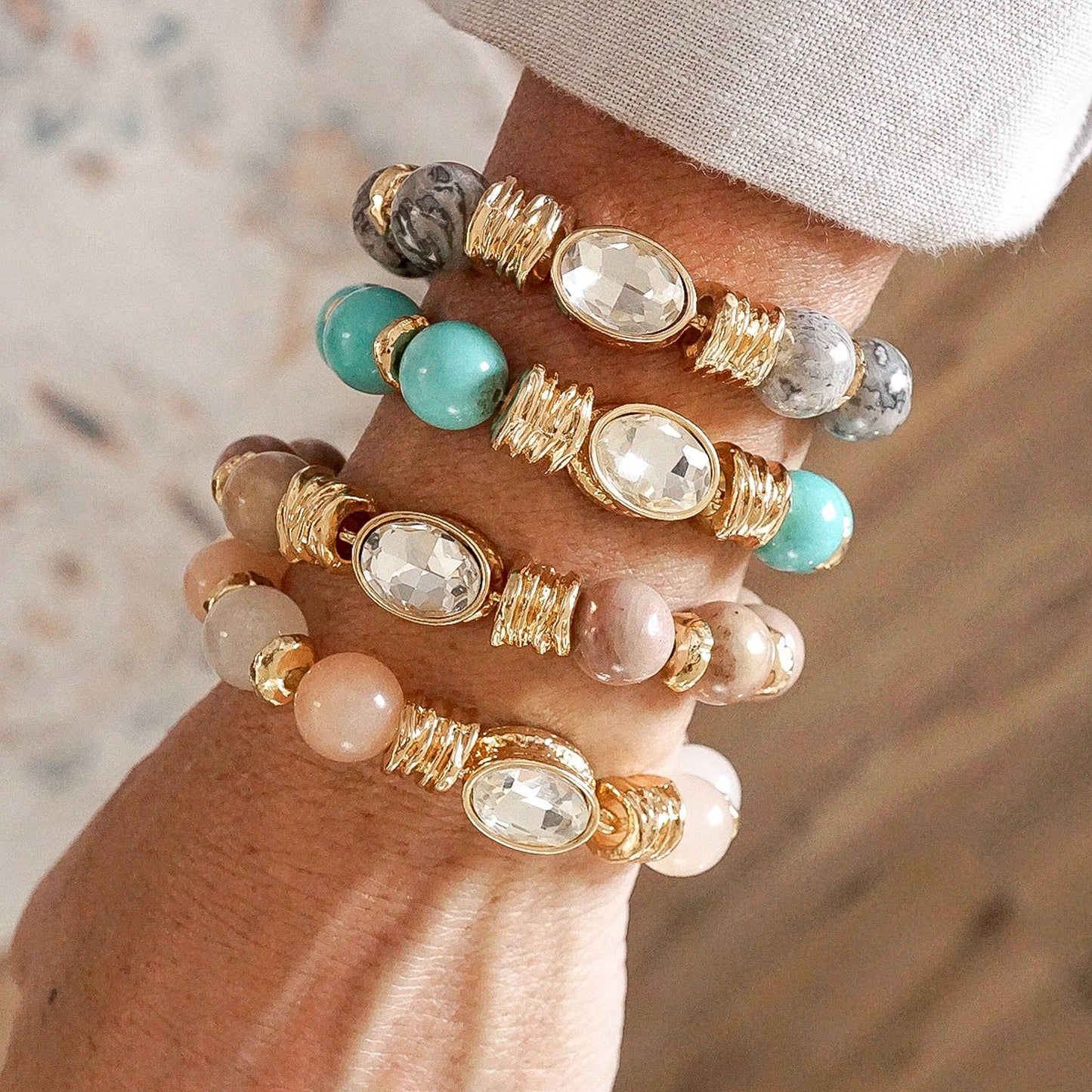 Earthy Gleam – Statement Beaded Bracelet with Oval Crystal: Taupe