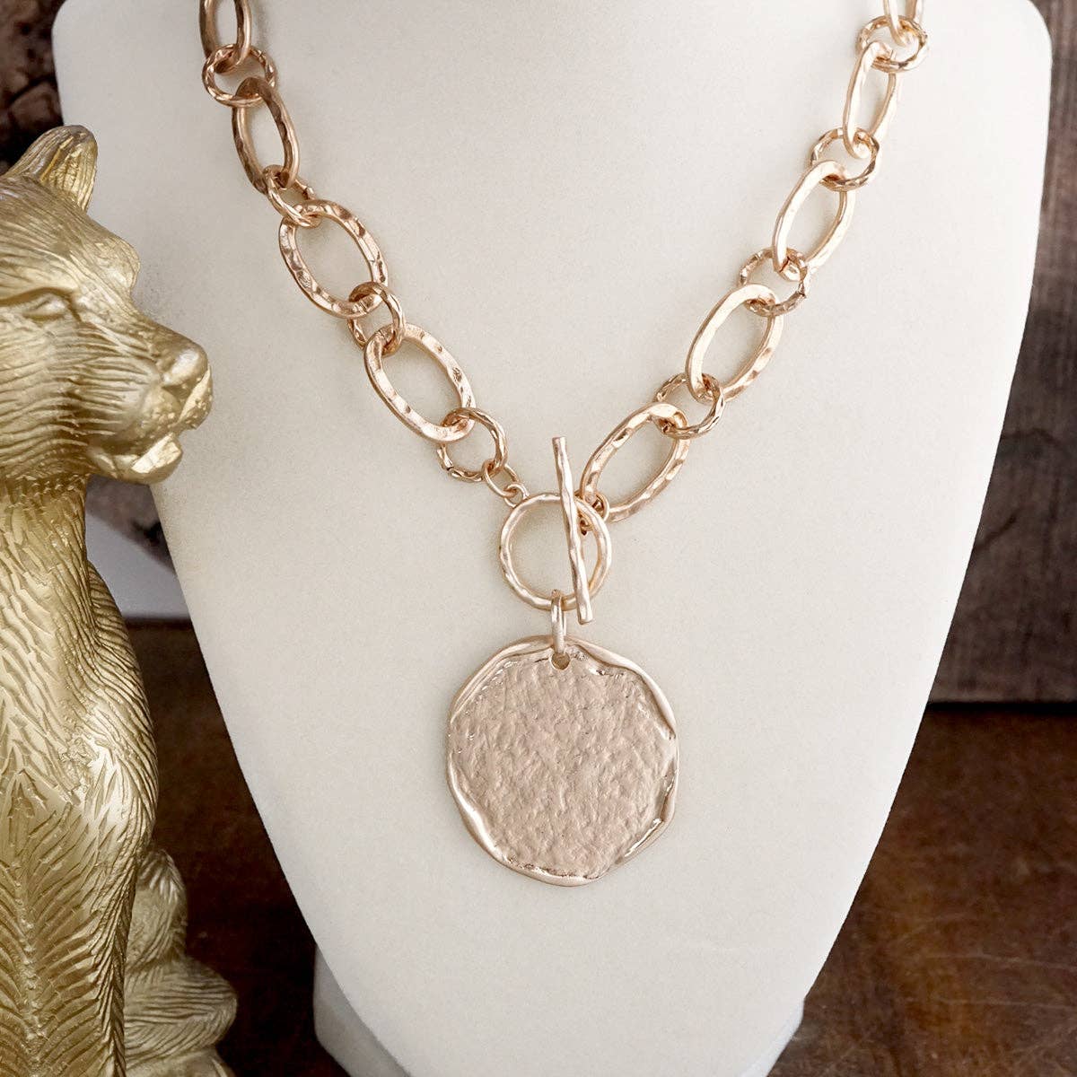 Nomad Glow – Front Toggle Statement Necklace with Hammered Disc: Worn Silver Tone