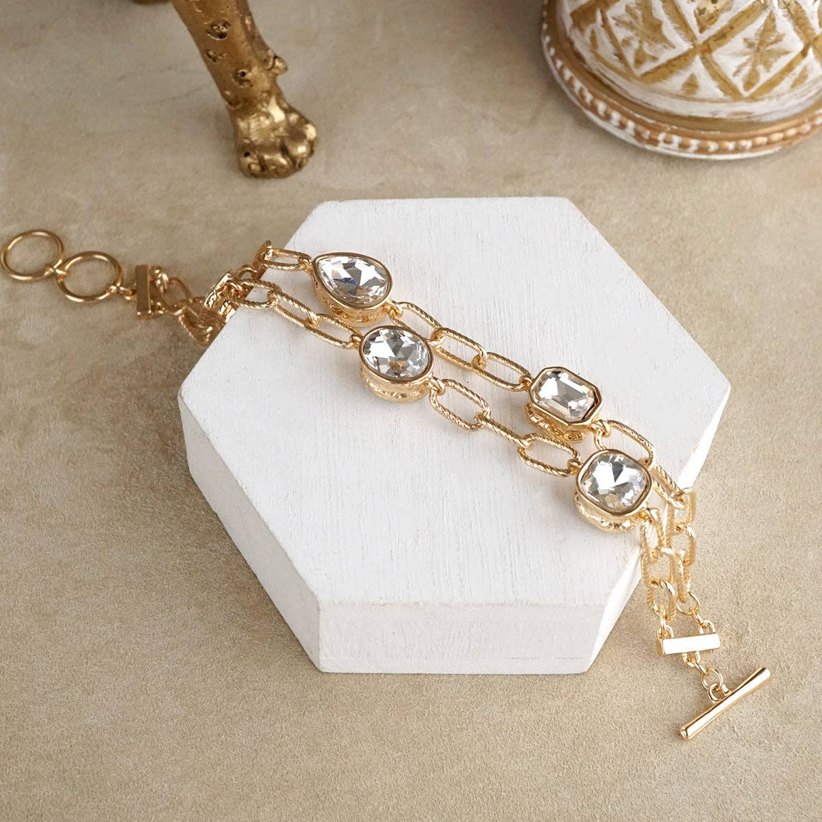 Brilliant Bond – Statement Chain Bracelets with Reflective Crystals: Double strand - Gray crystals