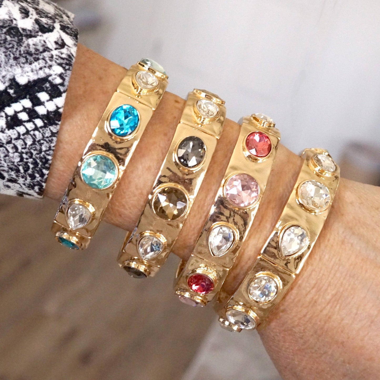 Sparkly Crystal Stretch Bangles – Gold Tone with Color Options: Neutrals