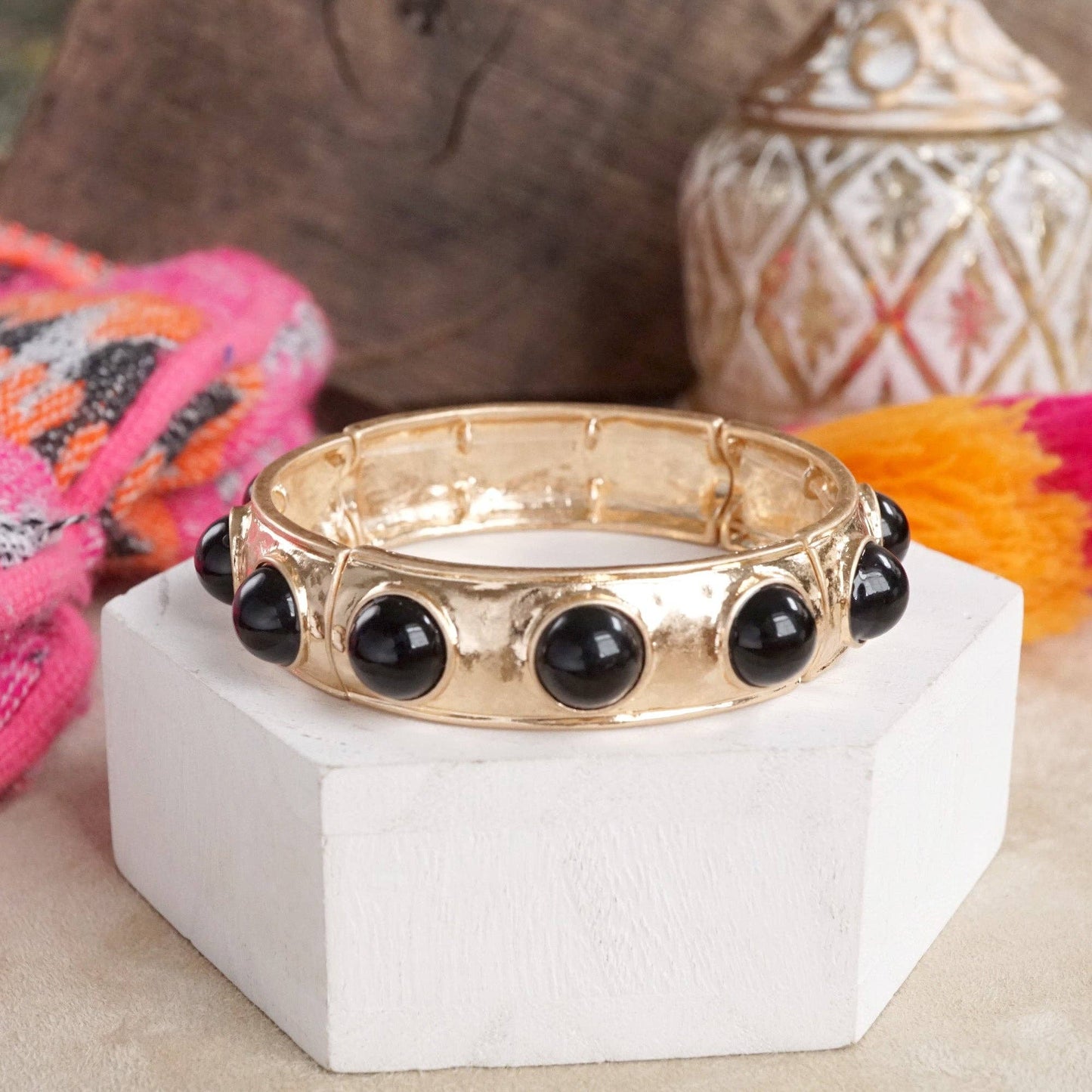 Eternity Statement Bangle Gold Tone Cream Orange Brown Pink Black Turquoise Pearl: Pearl