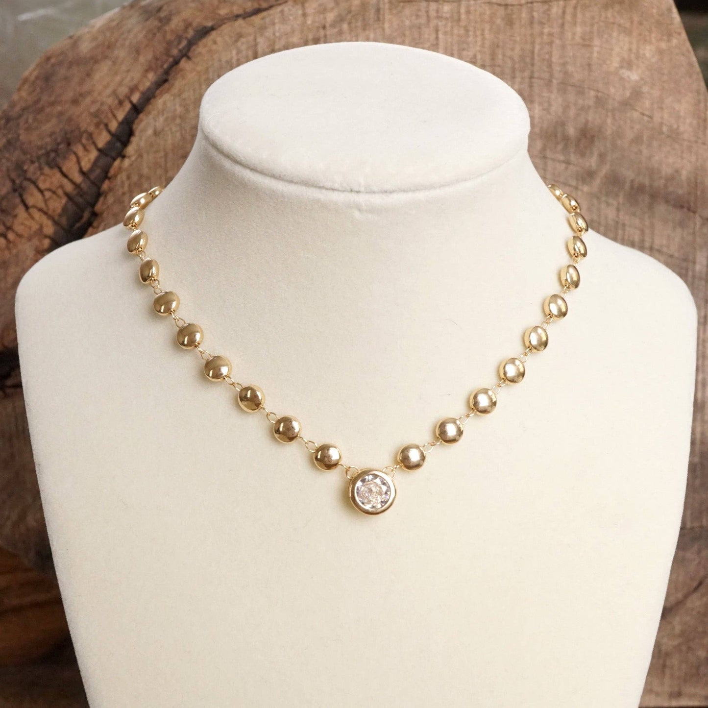 Clear Crystal Bezel Pendant Dot Chain Neckline Necklace: Silver Tone