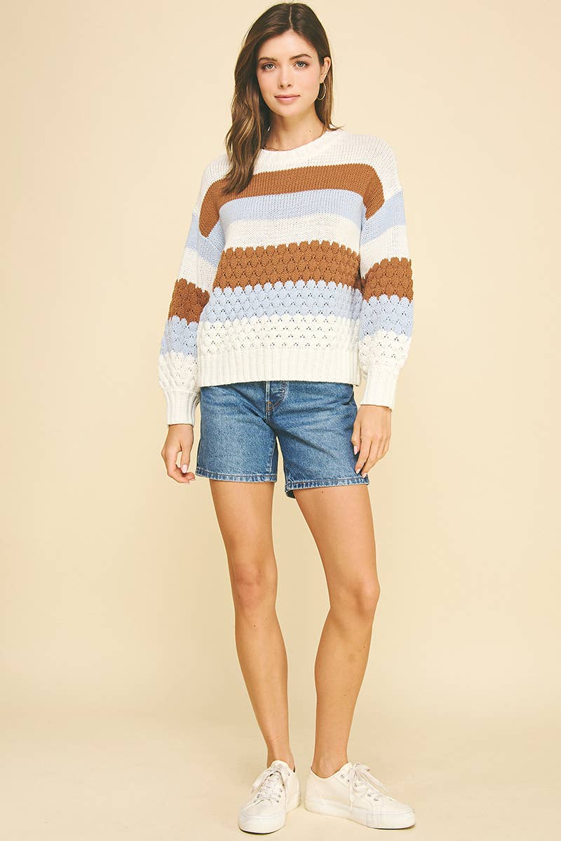 COLORBLOCK EMBROIDERED SWEATER - 6301WS: CREAM/BROWN/LT BLUE / M