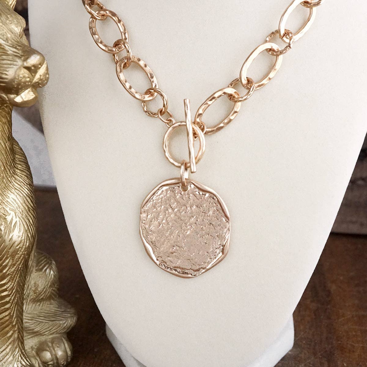 Nomad Glow – Front Toggle Statement Necklace with Hammered Disc: Worn Silver Tone